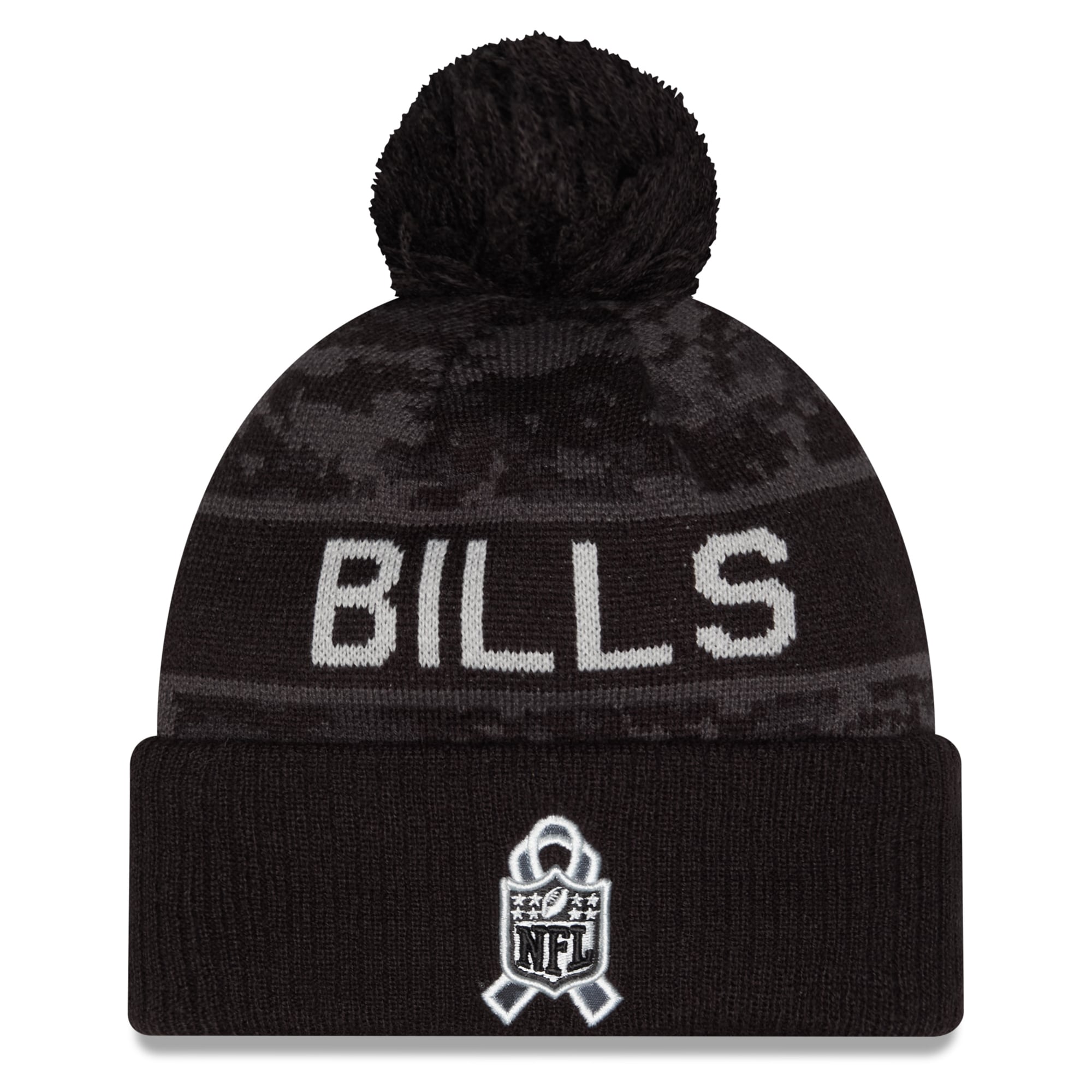 Bonnet à revers noir Buffalo Bills 2026 Salute To Service pour homme, de la marque New Era, avec pompon.