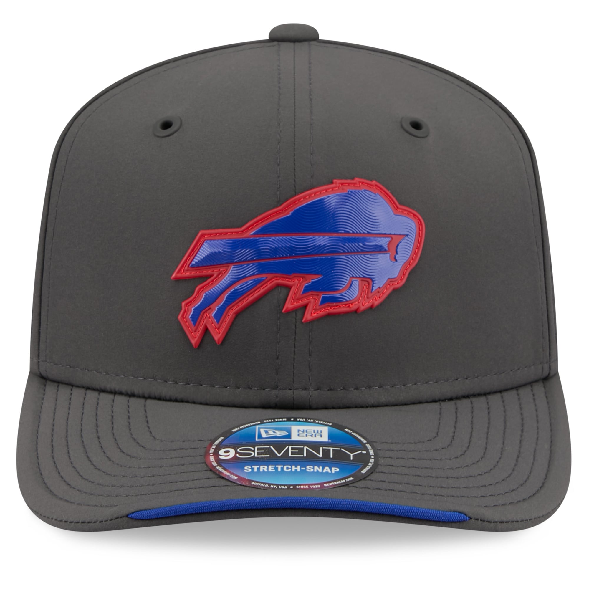 Casquette ajustable New Era Buffalo Bills 2026 Sideline pour homme, couleur anthracite, modèle 9SEVENTY, idéale pour les temps froids.