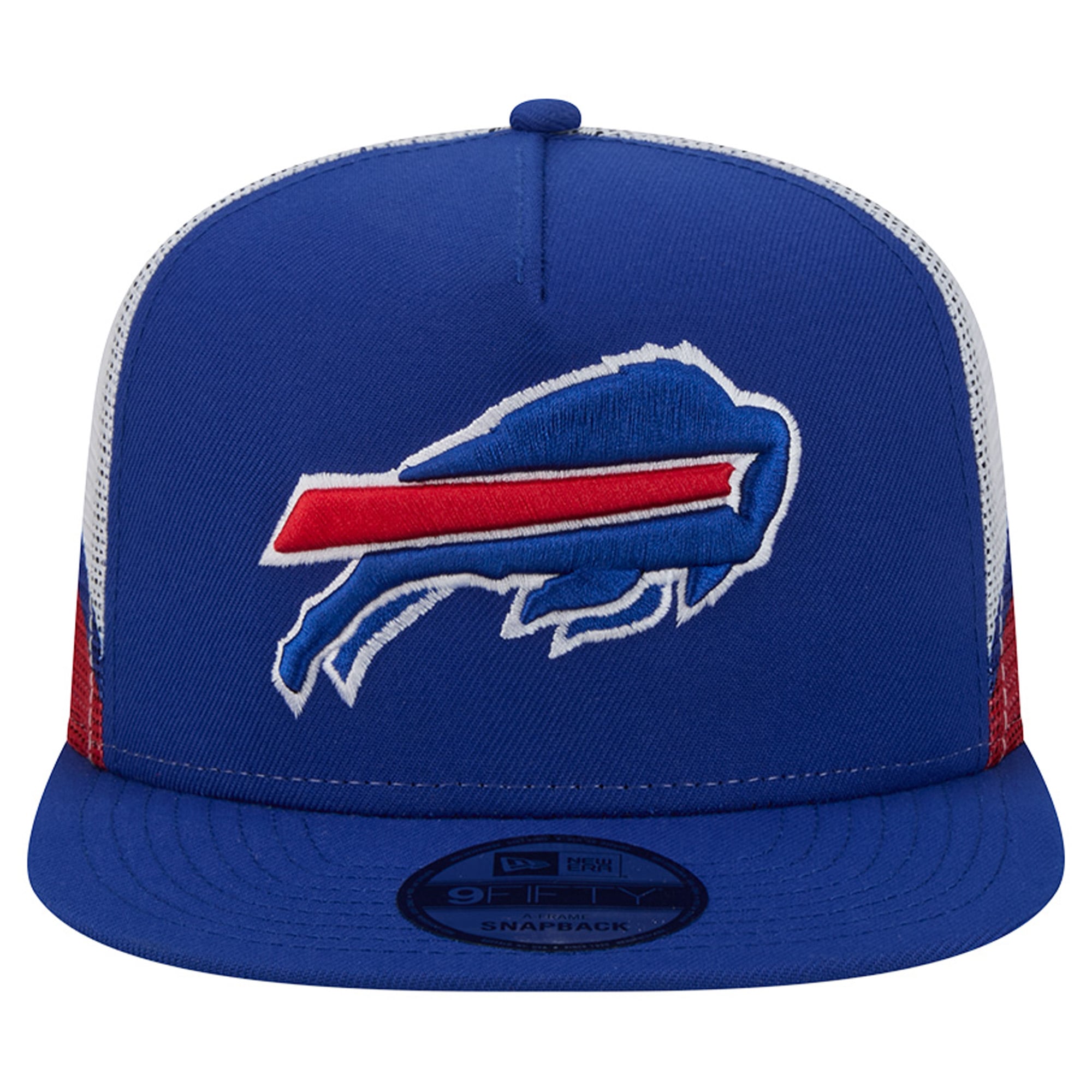 Casquette trucker New Era 9FIFTY Snapback pour homme, coloris bleu royal/rouge Buffalo Bills, maille A-Frame.