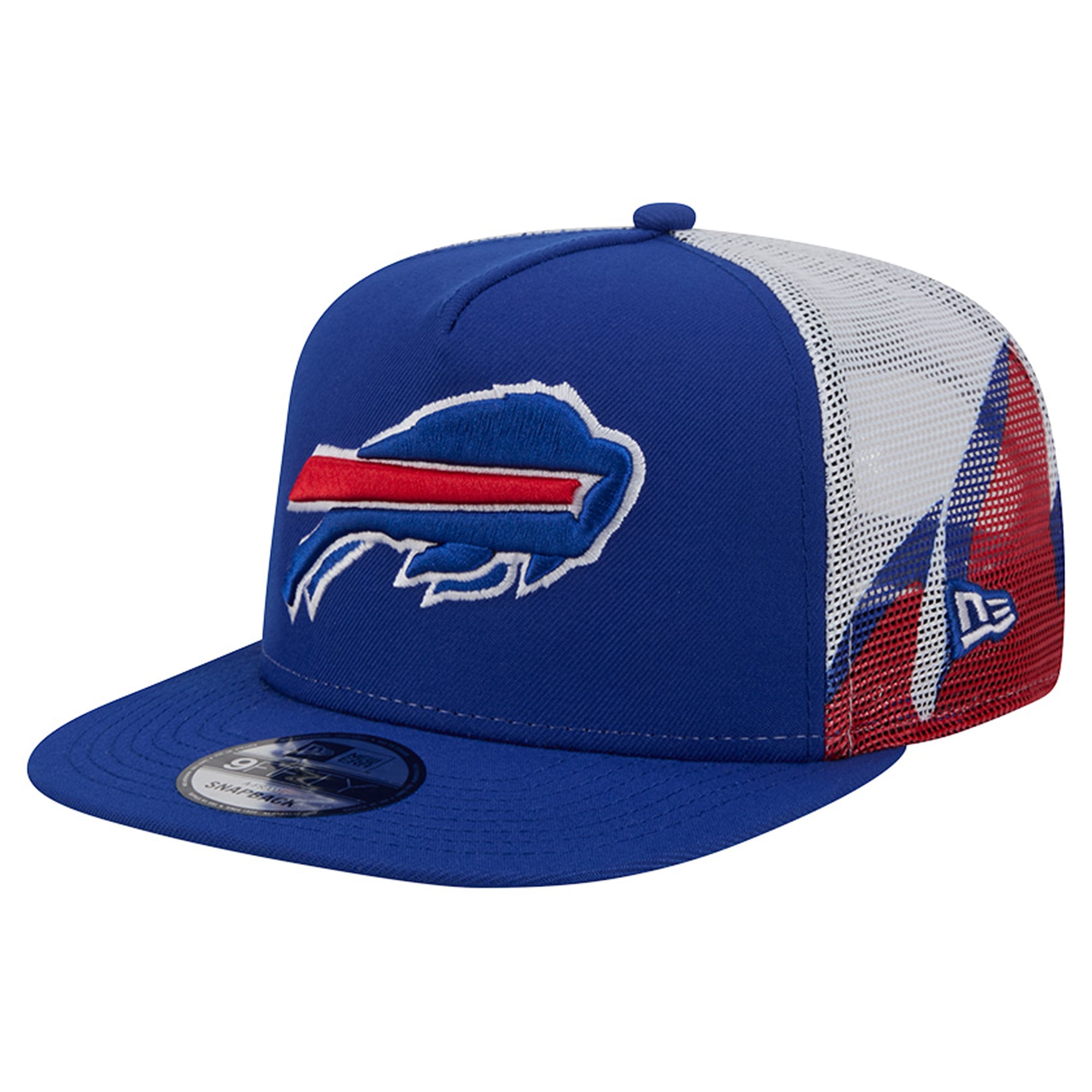Casquette trucker New Era 9FIFTY Snapback pour homme, coloris bleu royal/rouge Buffalo Bills, maille A-Frame.