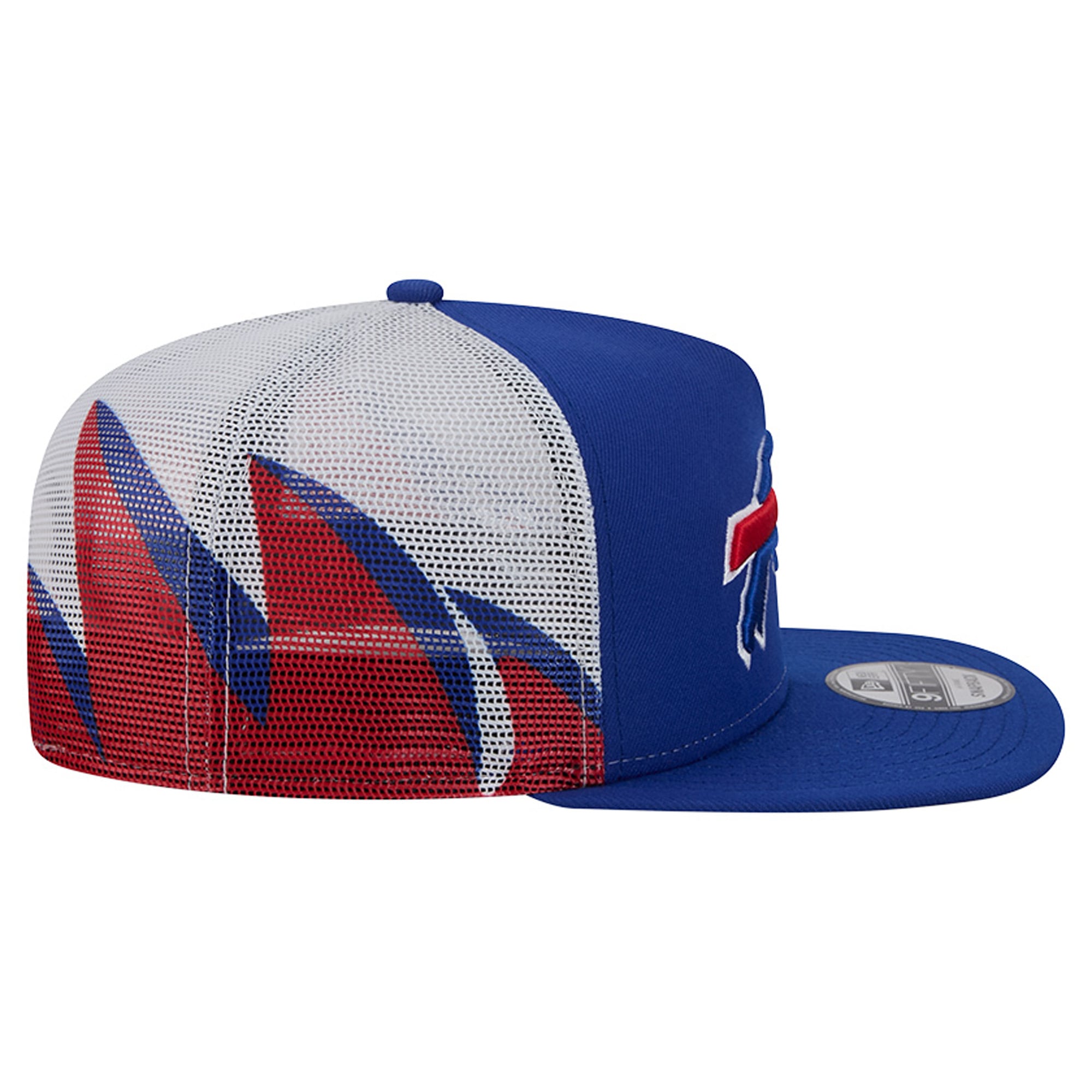 Casquette trucker New Era 9FIFTY Snapback pour homme, coloris bleu royal/rouge Buffalo Bills, maille A-Frame.