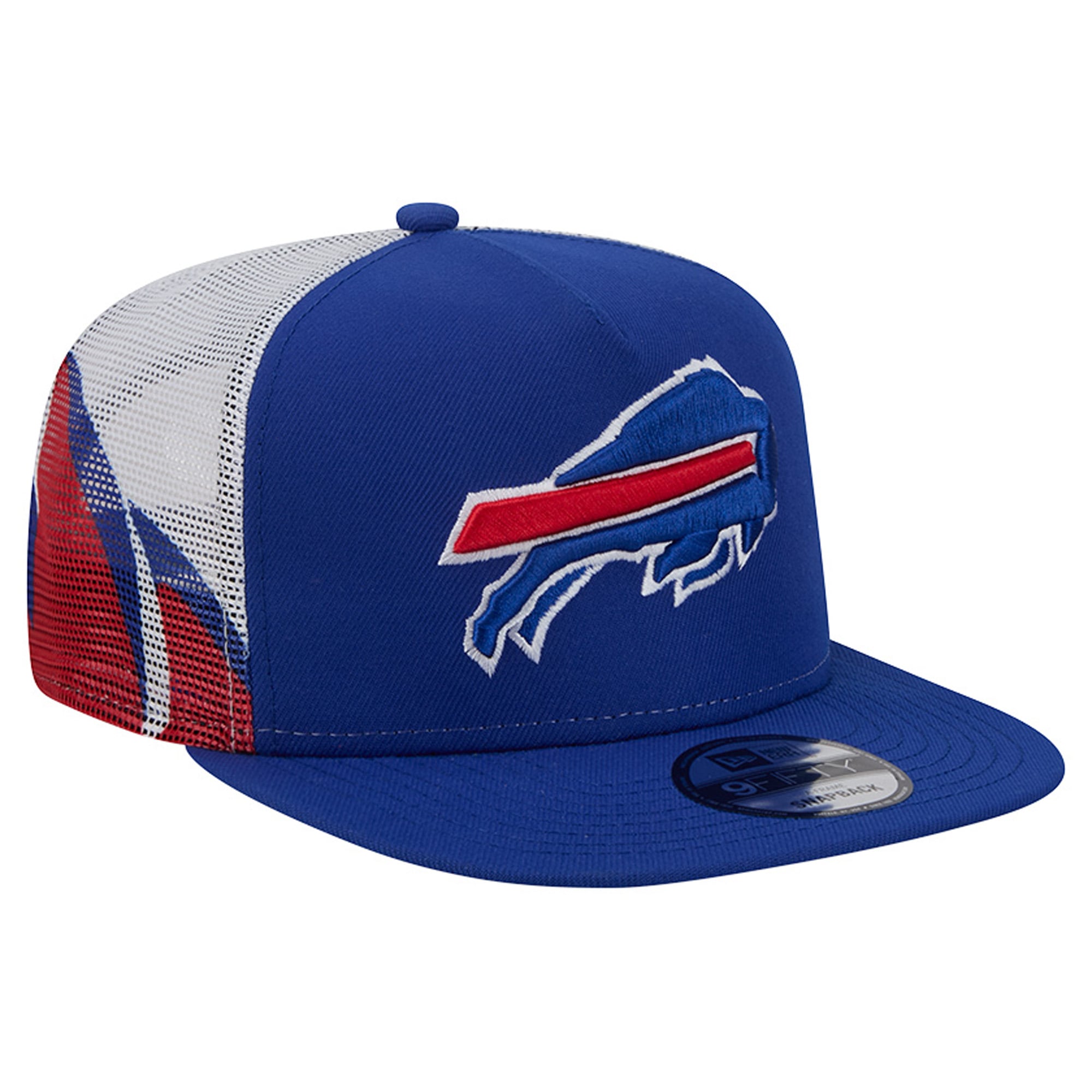 Casquette trucker New Era 9FIFTY Snapback pour homme, coloris bleu royal/rouge Buffalo Bills, maille A-Frame.