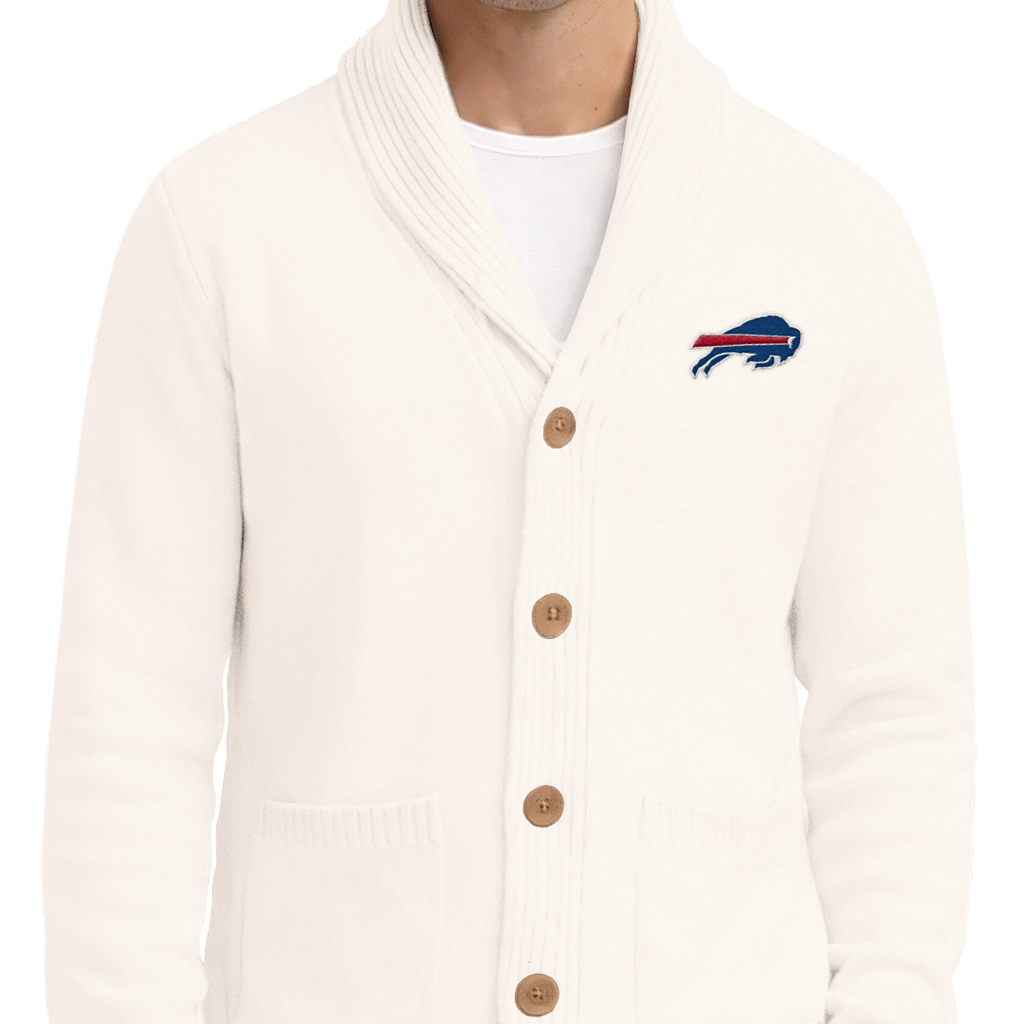 Men's Starter Cream Buffalo Bills Shawl Collar Heavy Knit Cardigan Sweater
