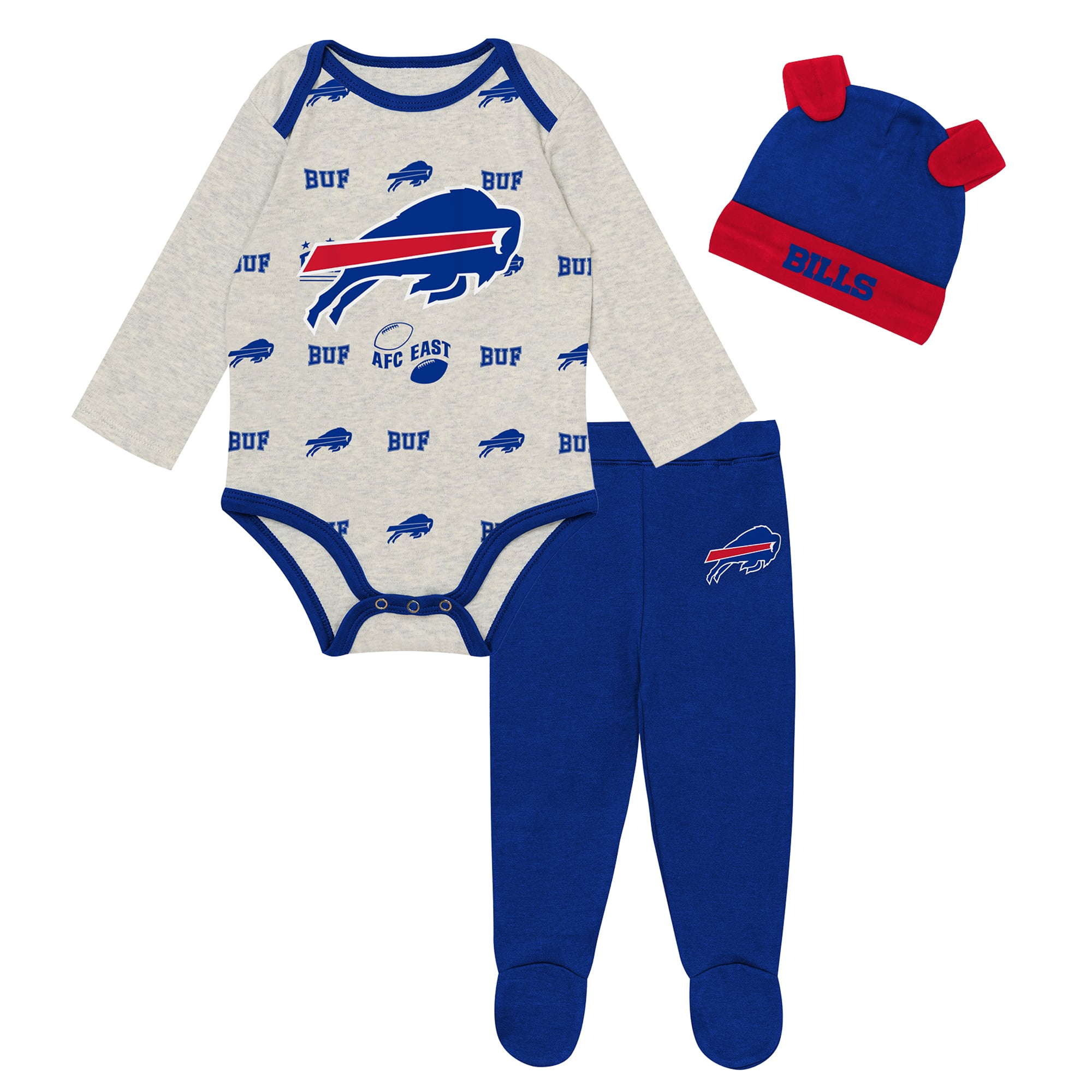 Ensemble trois pièces Outerstuff pour nouveau-né et nourrisson, gris chiné/royal, Buffalo Bills Huddles and Giggles