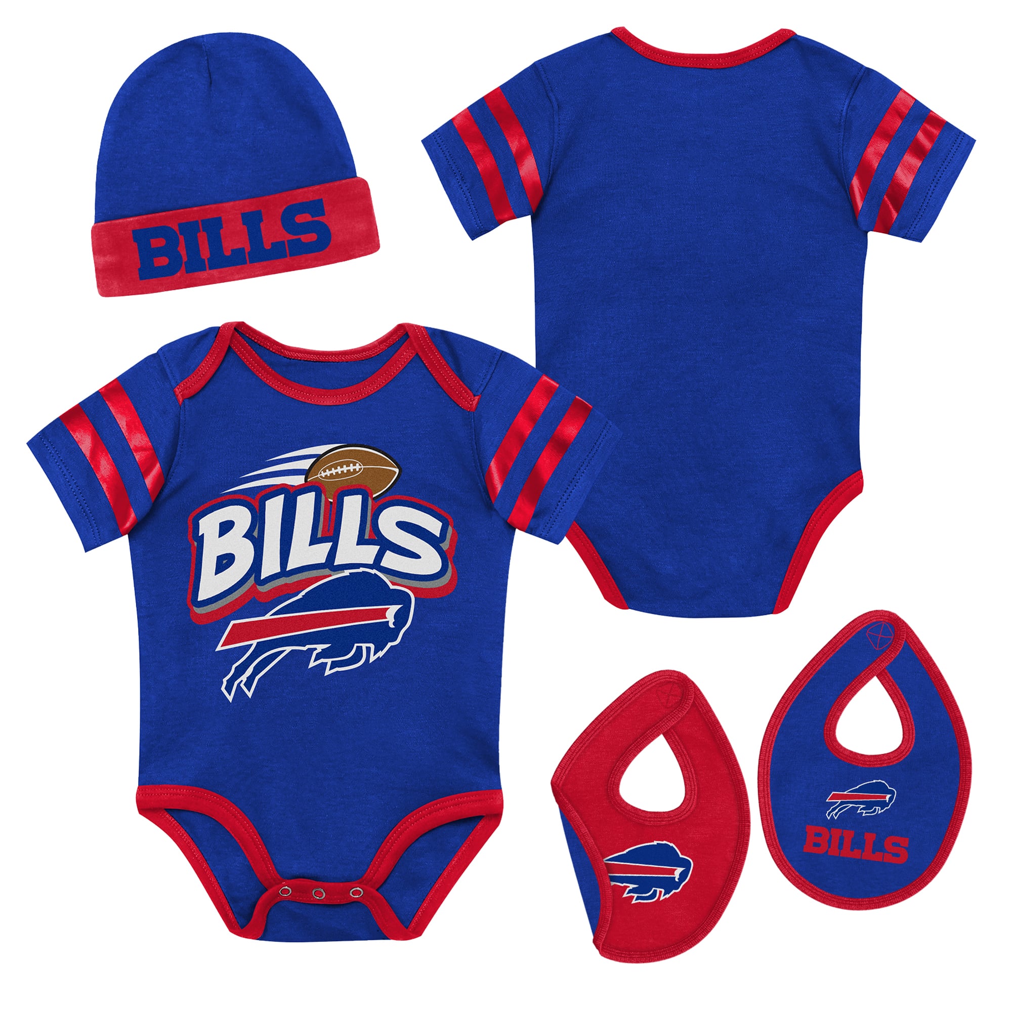 Newborn Outerstuff Royal Buffalo Bills Pint Prodigy Bodysuit, Bib & Cuffed Knit Hat Set