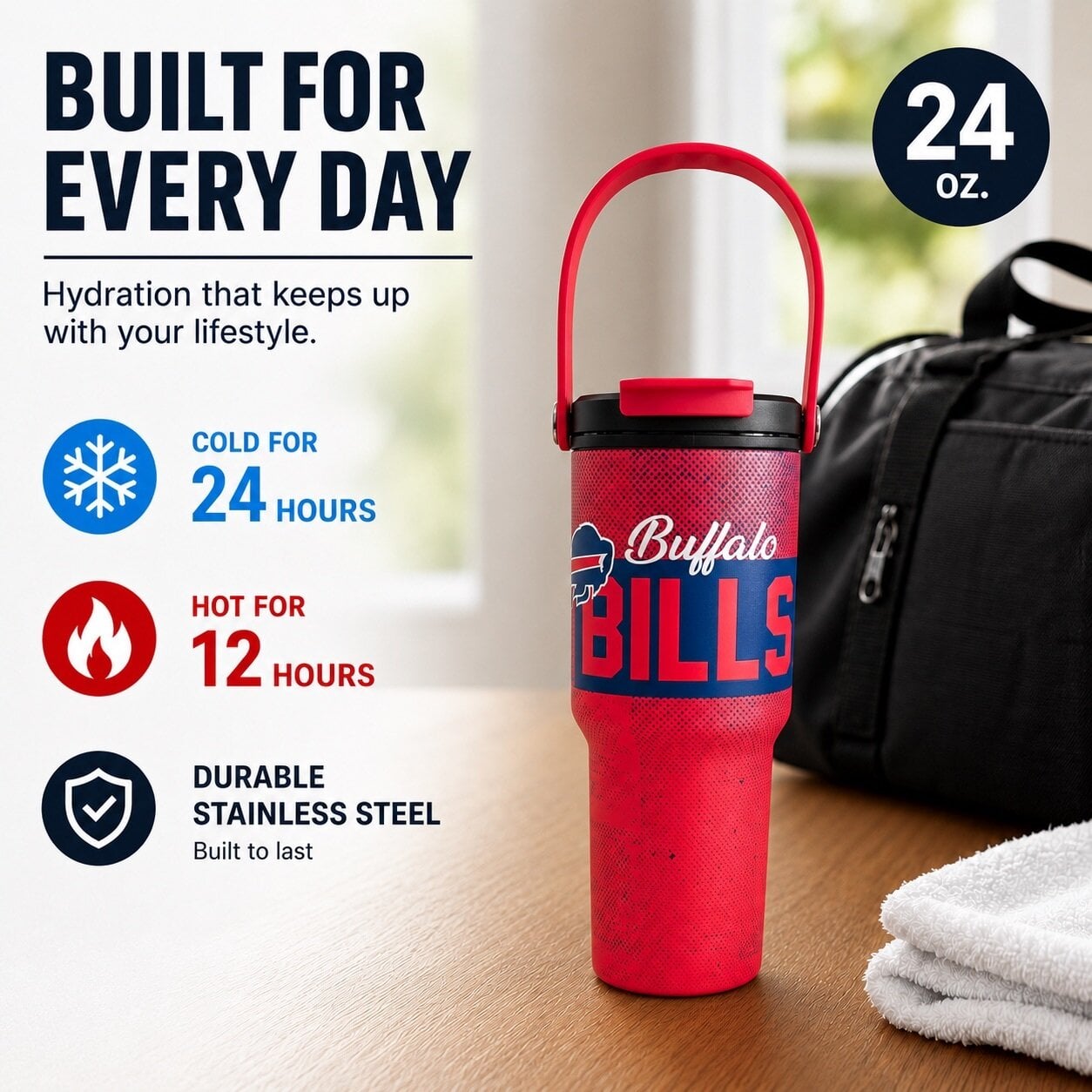 Gourde Pegasus Buffalo Bills 710 ml (24 oz) en acier inoxydable à dégradé moucheté et double bouchon
