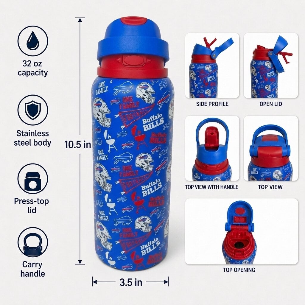 Gourde Pegasus Buffalo Bills 32 oz, fanion de match, en acier inoxydable ProPress