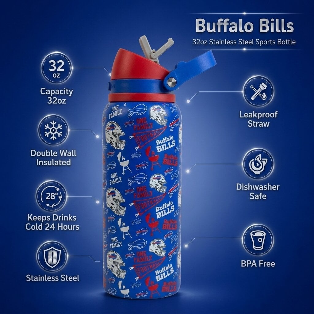Gourde Pegasus Buffalo Bills 32 oz, fanion de match, en acier inoxydable ProPress