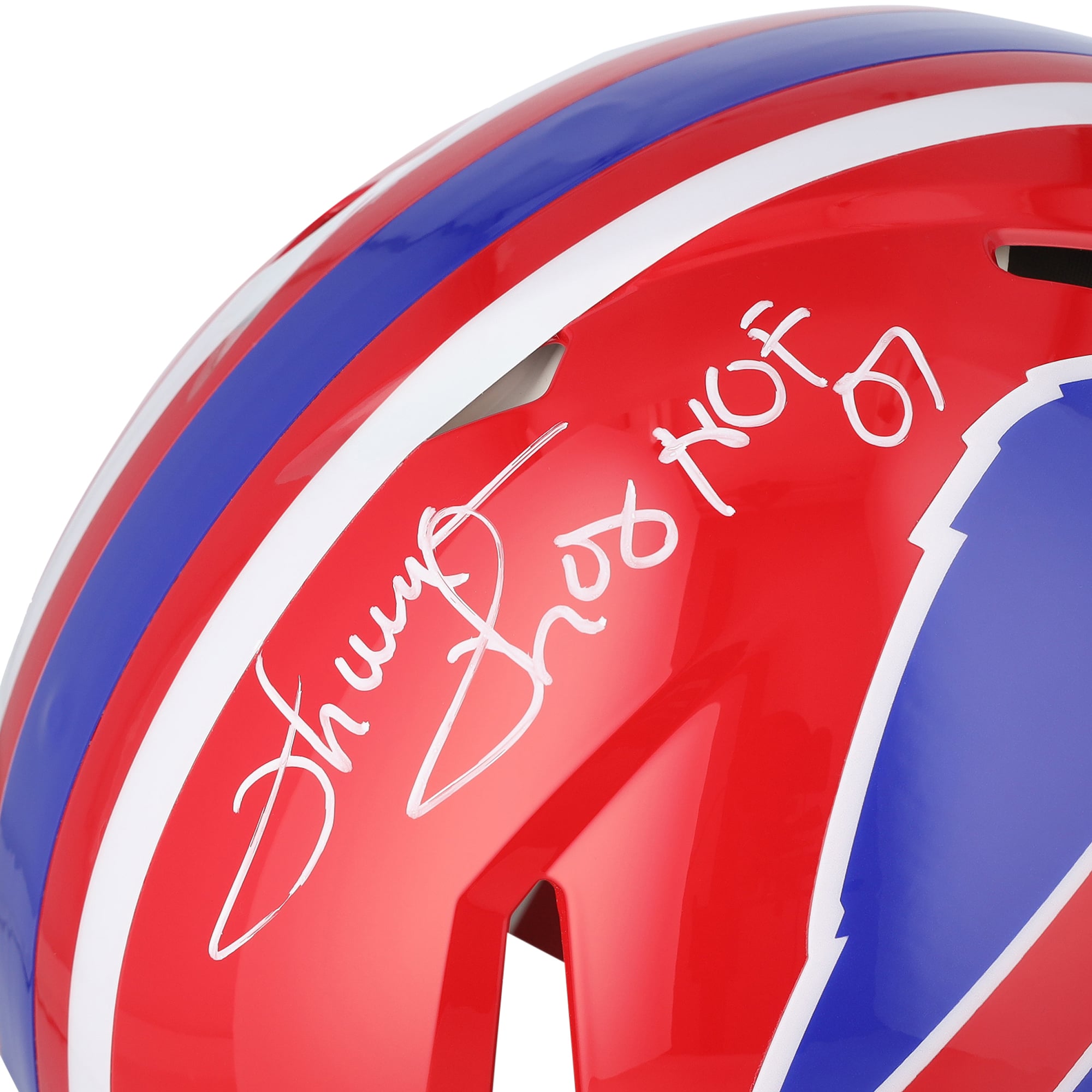 Casque Riddell authentique rétro Speed ​​1987-2001 autographié par Thurman Thomas (Buffalo Bills) avec inscription « HOF 07 ».