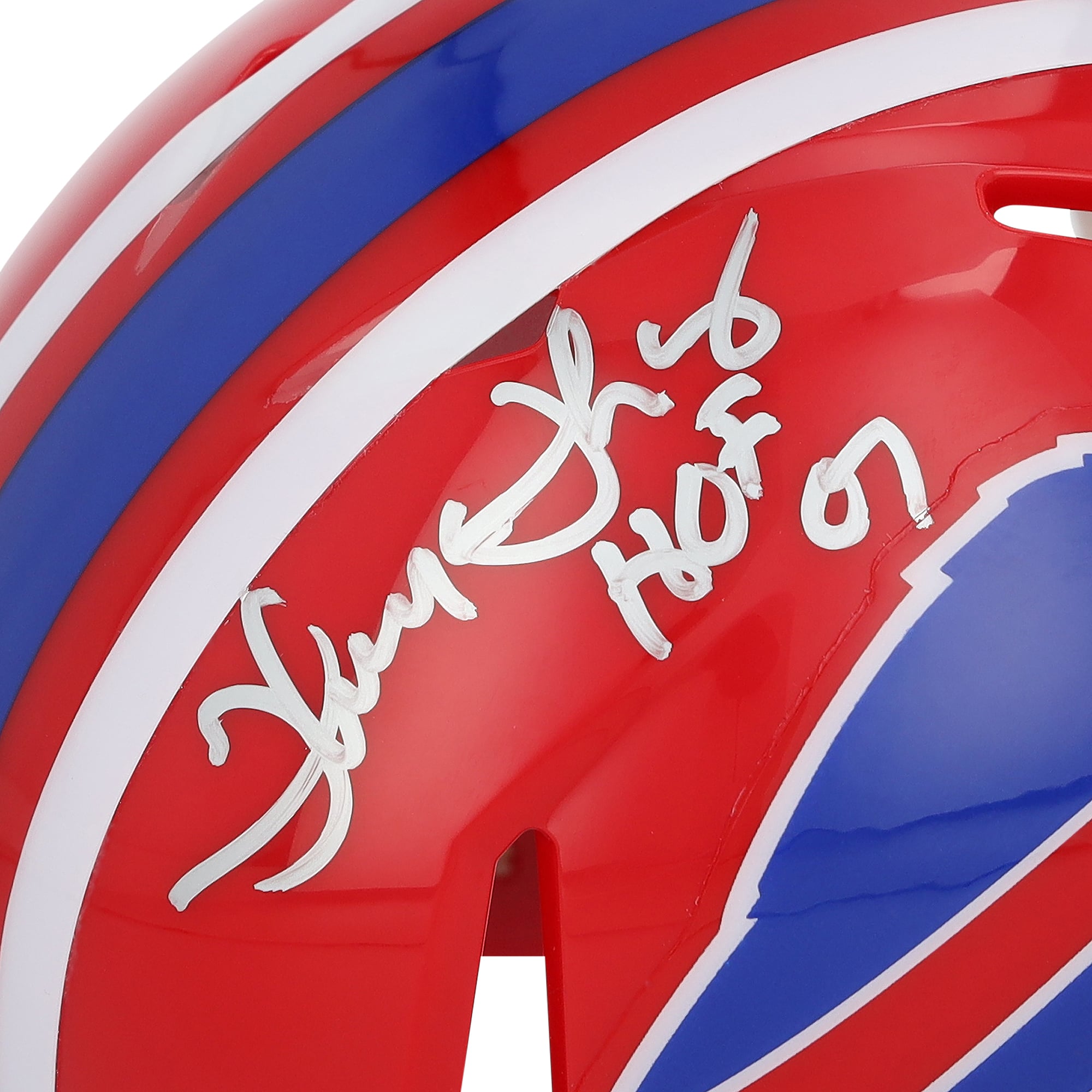 Casque miniature Riddell rétro Speed ​​1987-2001 autographié par Thurman Thomas (Buffalo Bills) avec inscription « HOF 07 ».