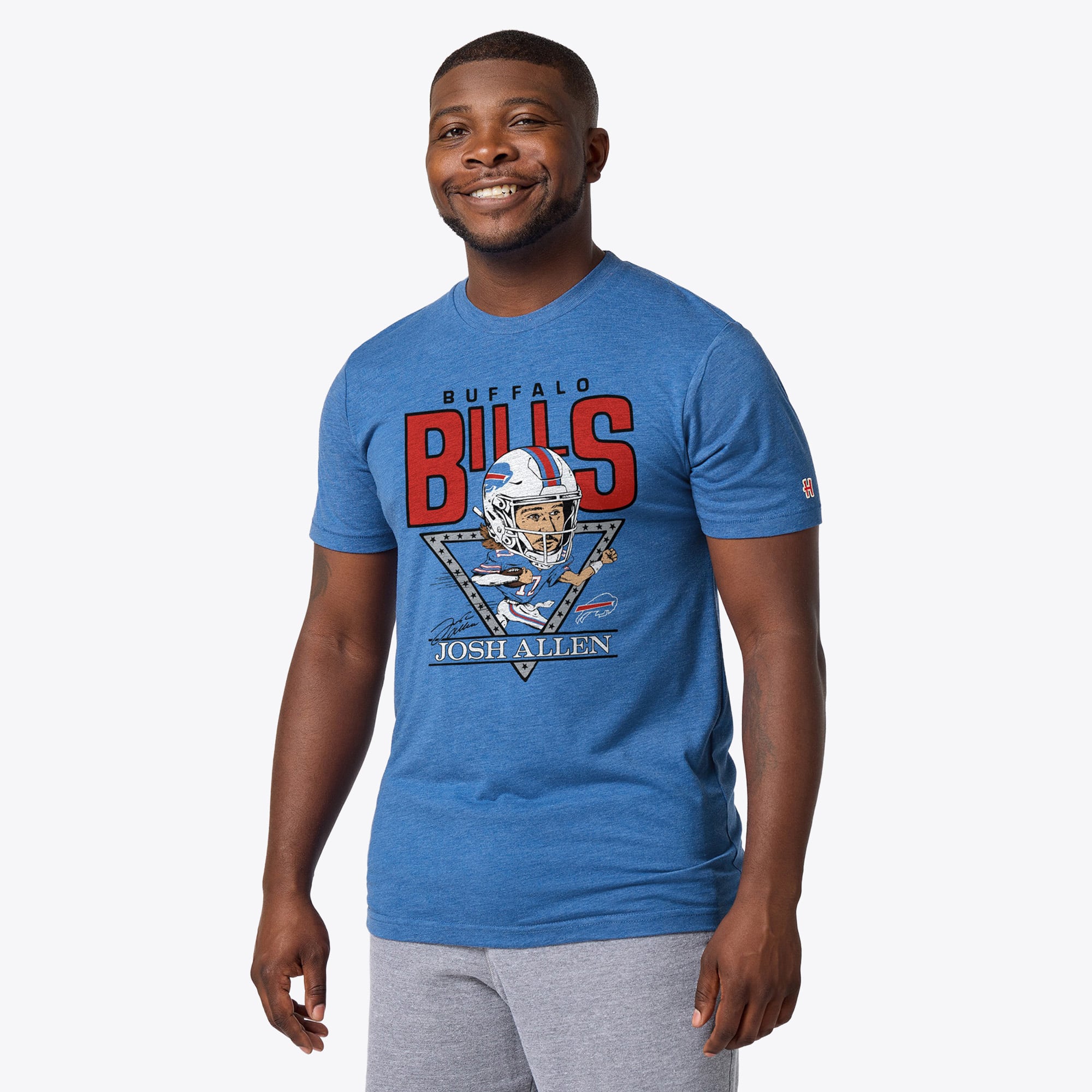 T-shirt unisexe Hommage à Josh Allen, joueur des Royal Buffalo Bills, avec caricature du joueur, en mélange de trois matières