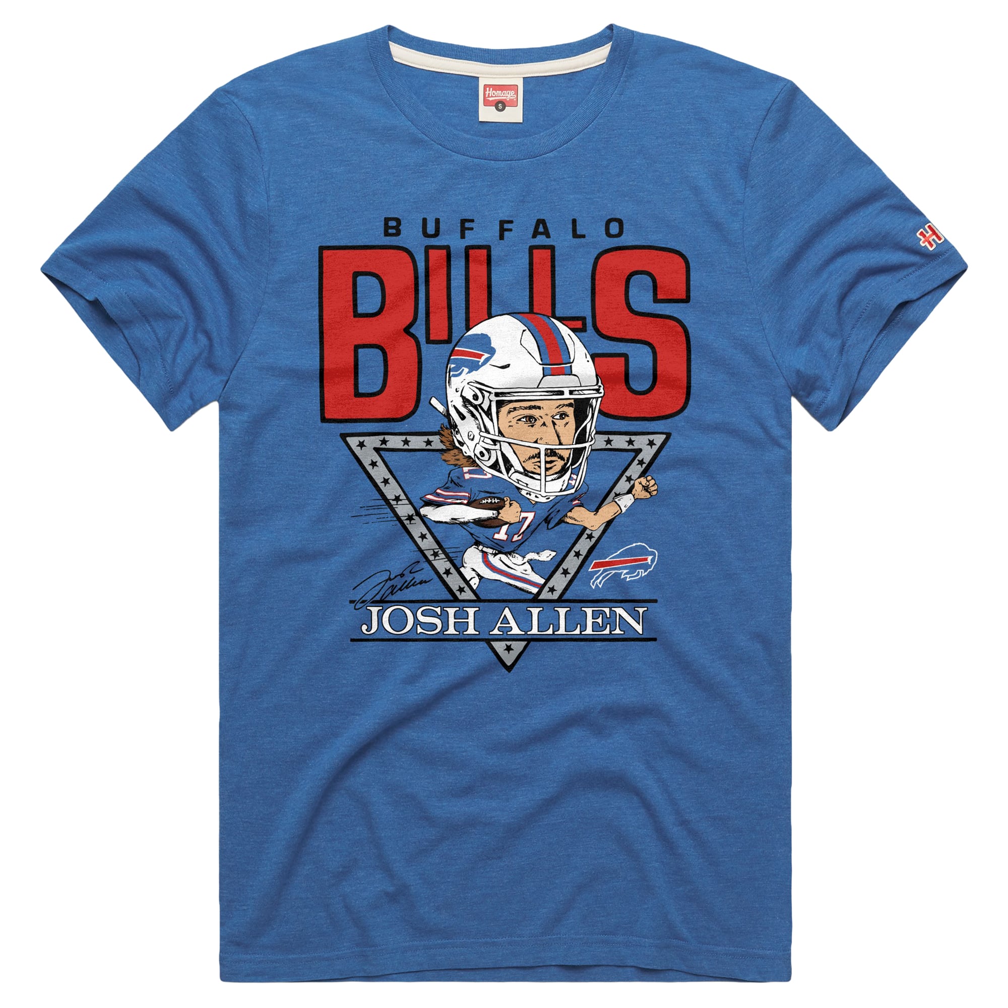 T-shirt unisexe Hommage à Josh Allen, joueur des Royal Buffalo Bills, avec caricature du joueur, en mélange de trois matières