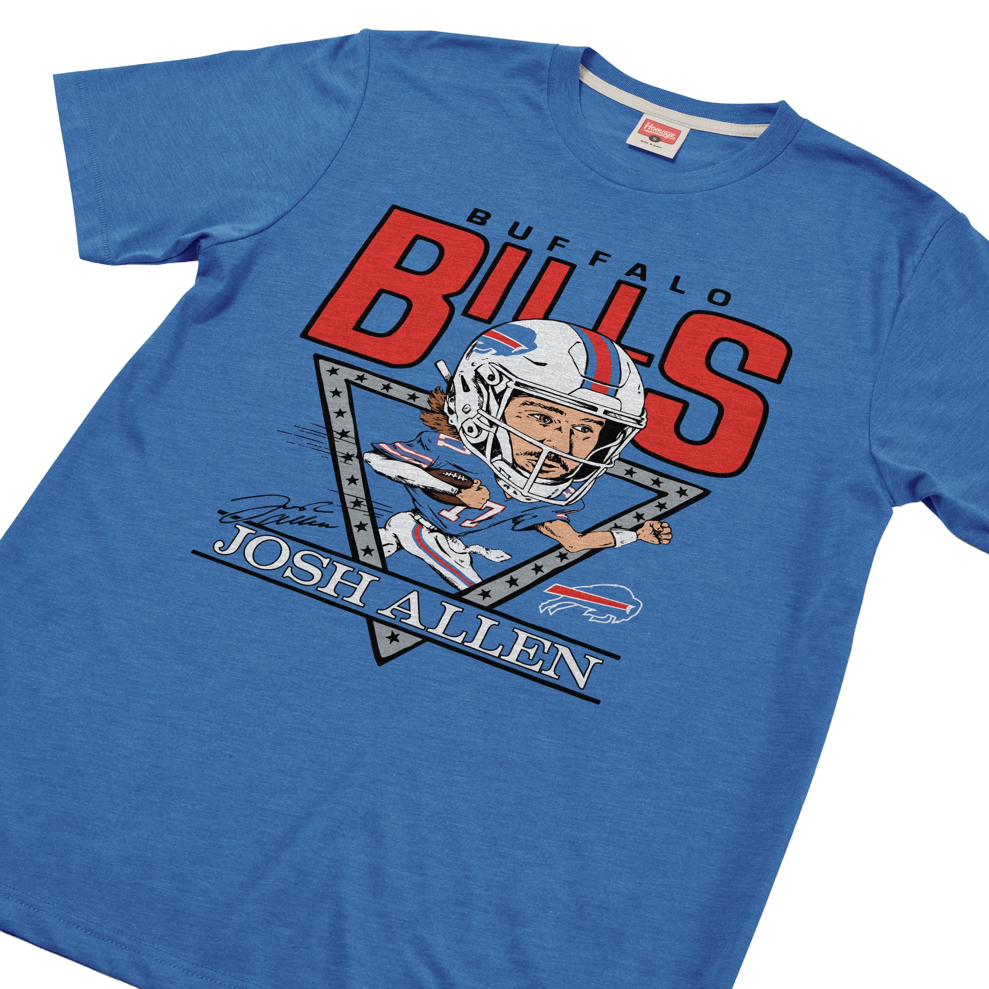T-shirt unisexe Hommage à Josh Allen, joueur des Royal Buffalo Bills, avec caricature du joueur, en mélange de trois matières