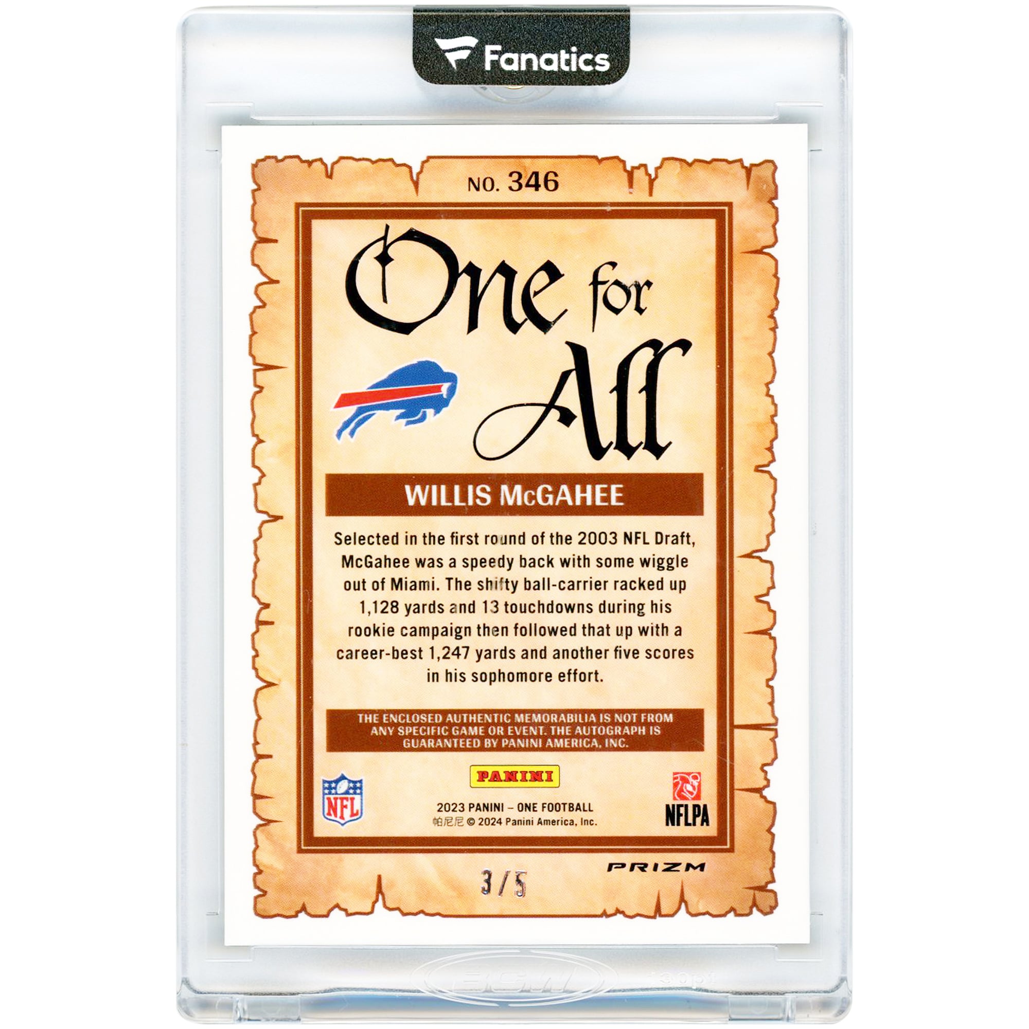Willis McGahee Buffalo Bills Autographed 2023 Panini One for All #346 #3/5 Card
