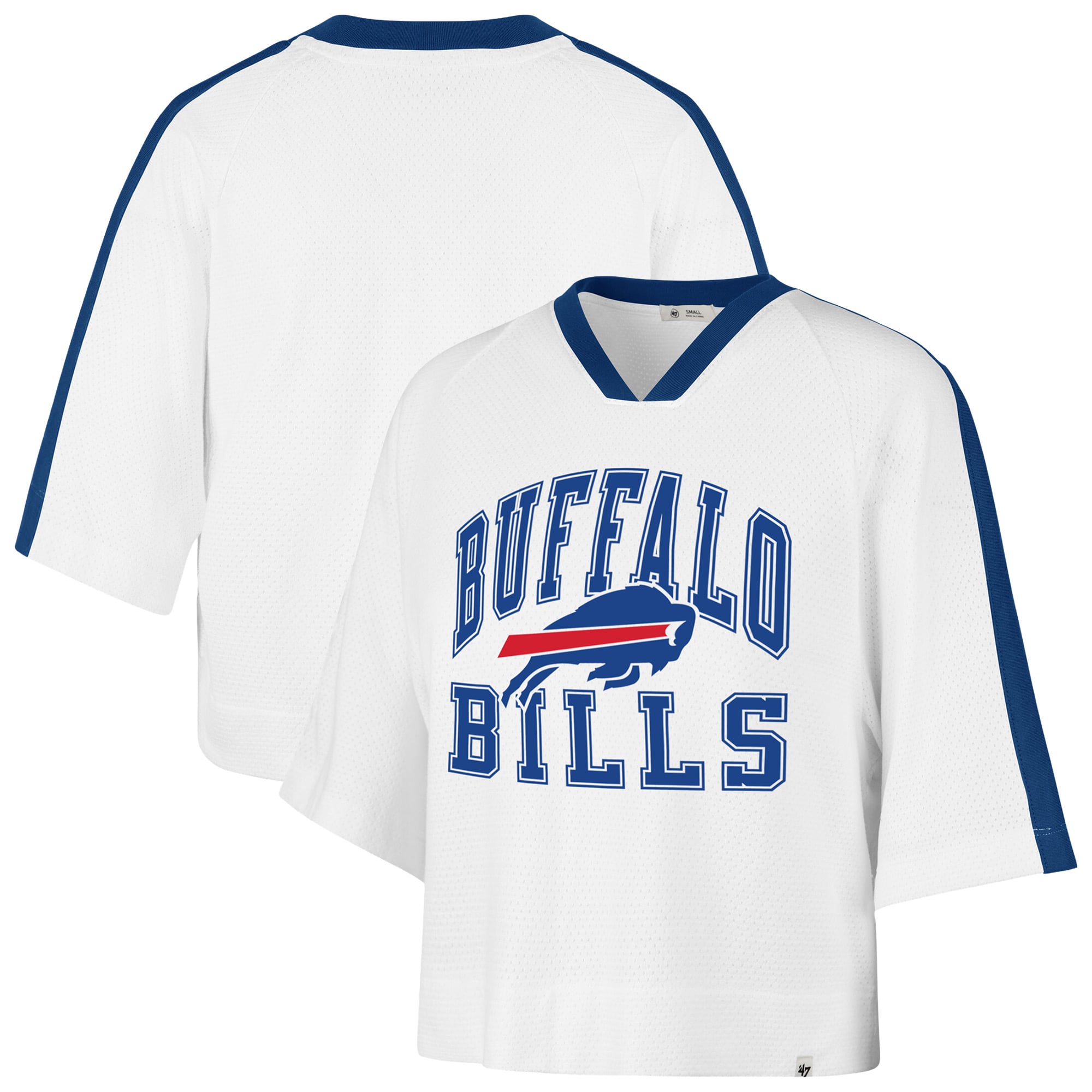 Women's '47 White Buffalo Bills Big Overarch Drop Needle Raglan V-Neck T-Shirt