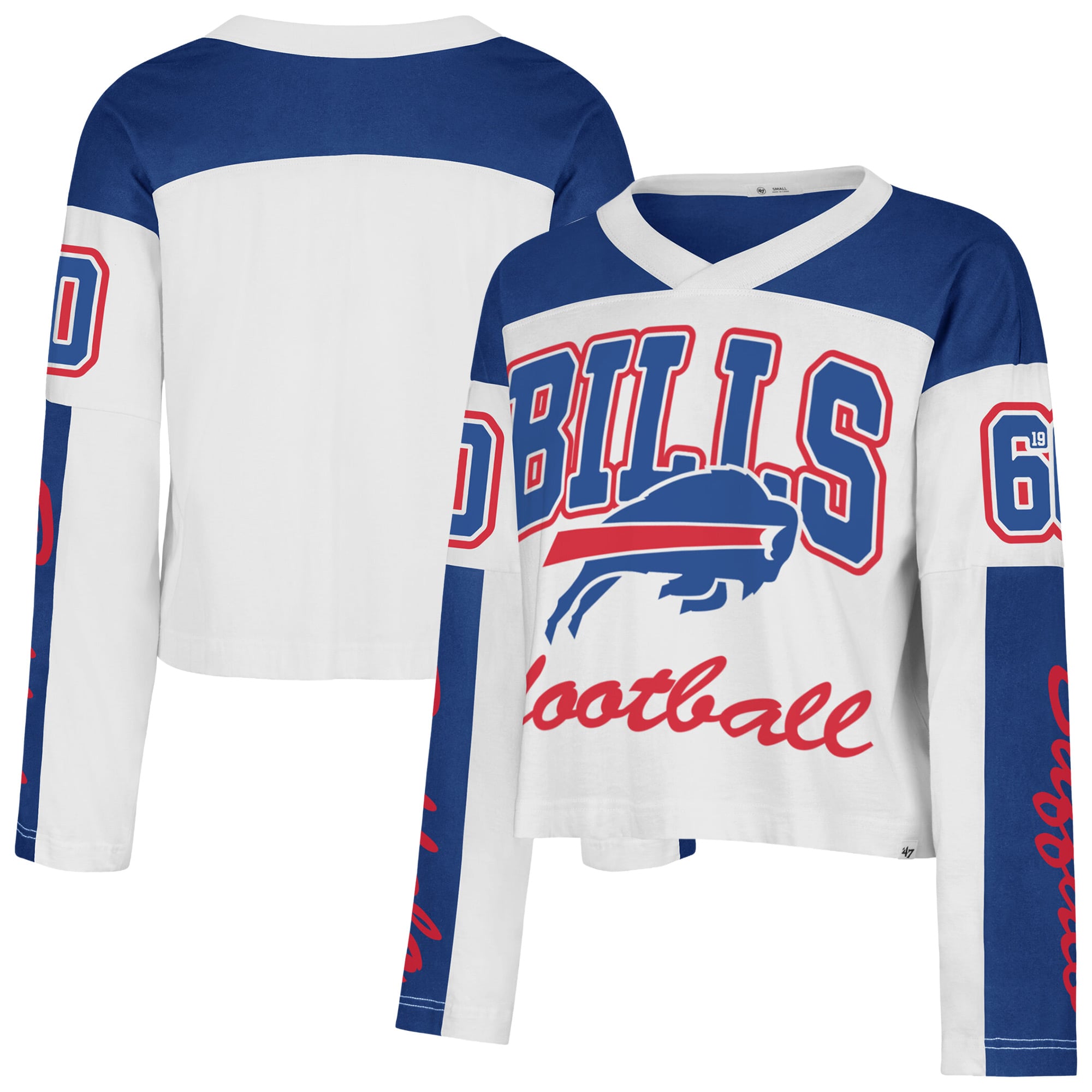 T-shirt à manches longues et col en V blanc Buffalo Bills pour femme, modèle '47.