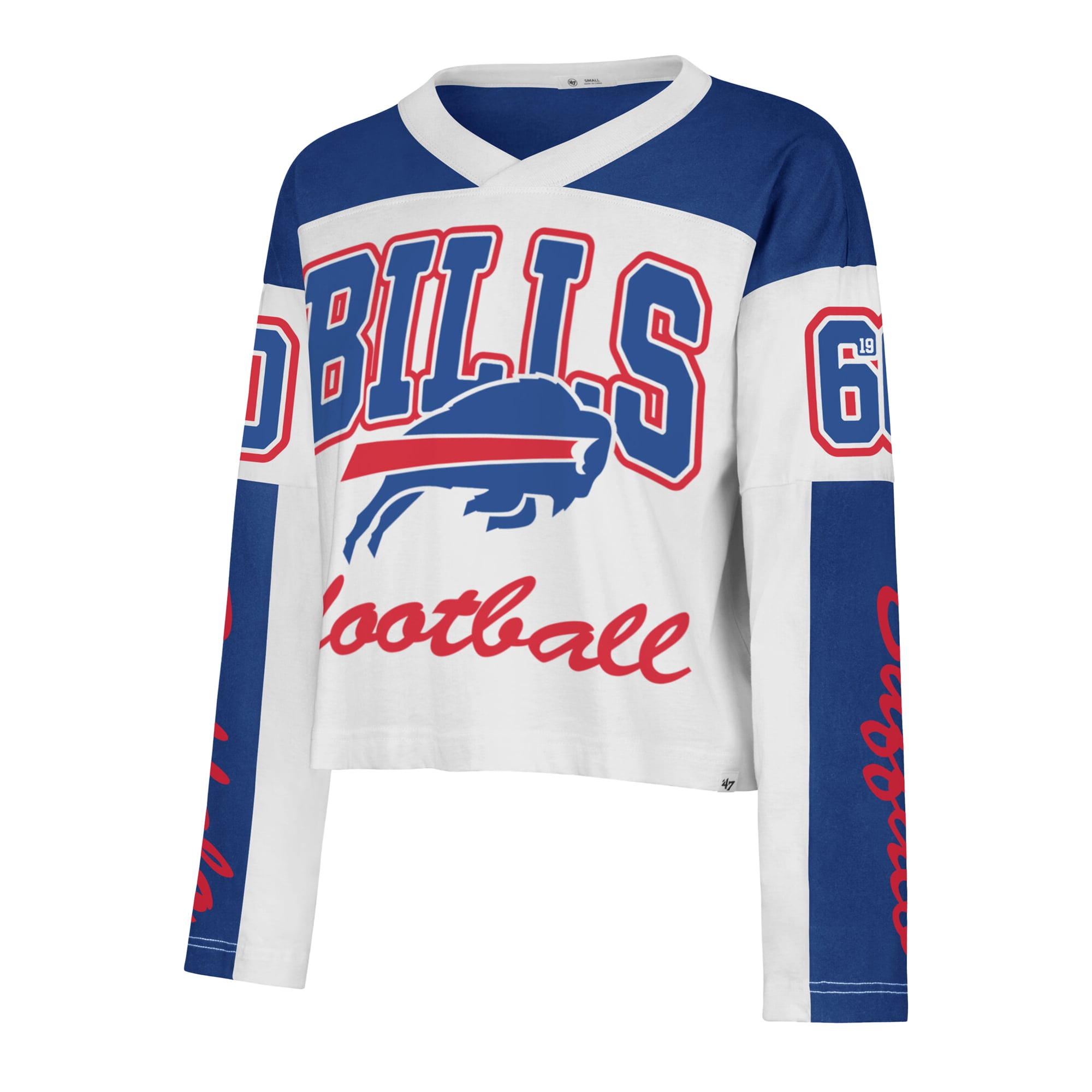T-shirt à manches longues et col en V blanc Buffalo Bills pour femme, modèle '47.
