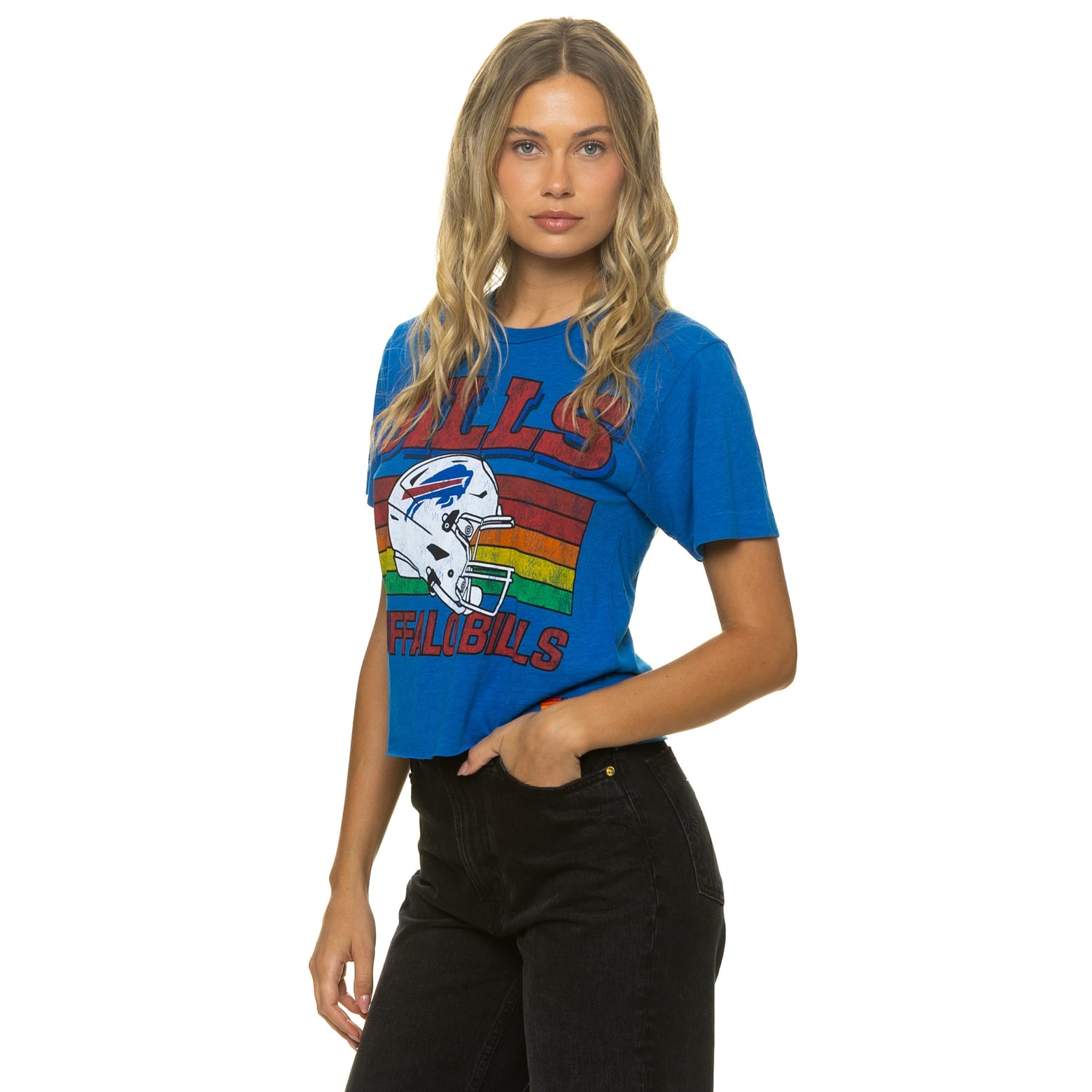 T-shirt Aviator Nation Royal Buffalo Bills pour femme, coupe carrée, style boyfriend, en mélange de trois matières