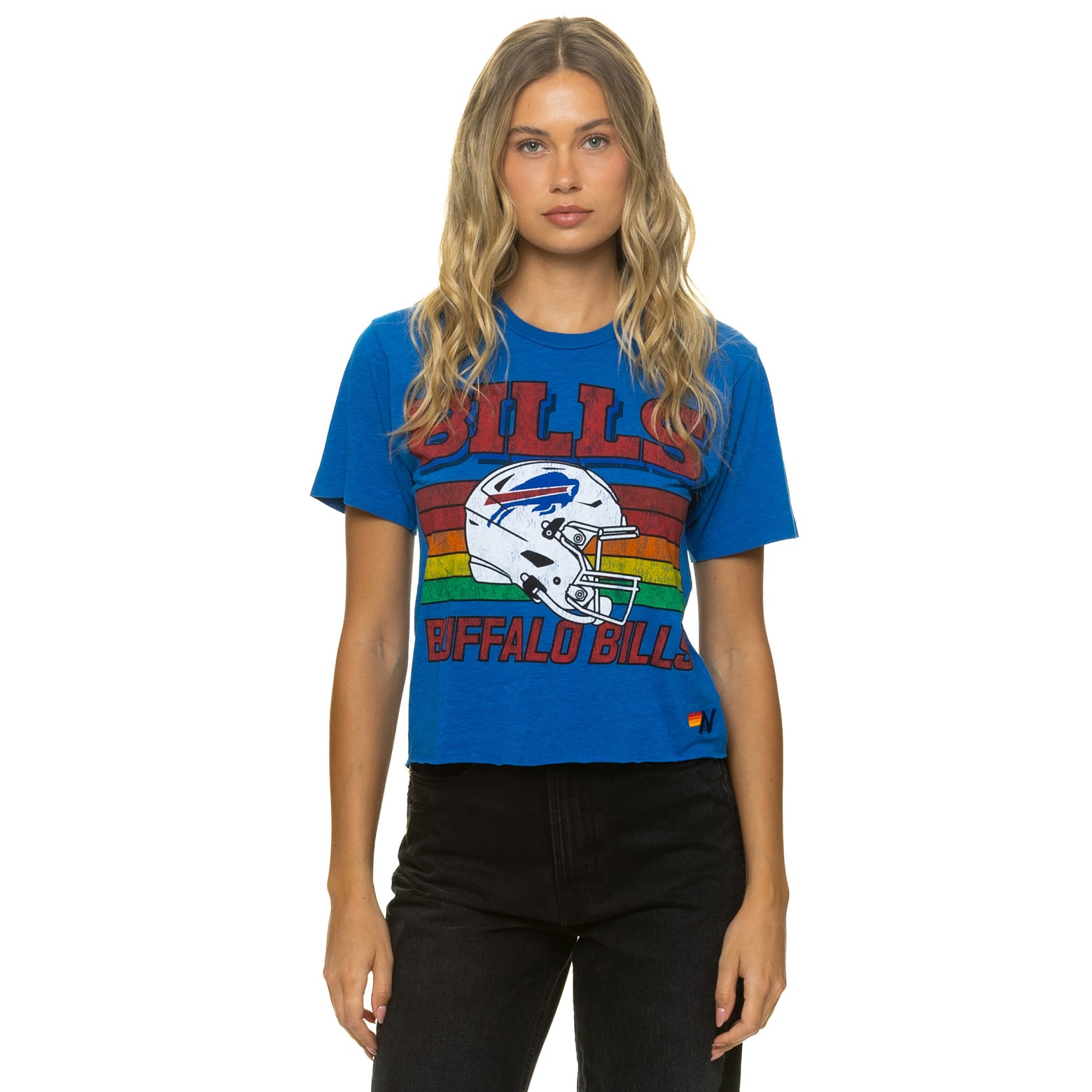 T-shirt Aviator Nation Royal Buffalo Bills pour femme, coupe carrée, style boyfriend, en mélange de trois matières