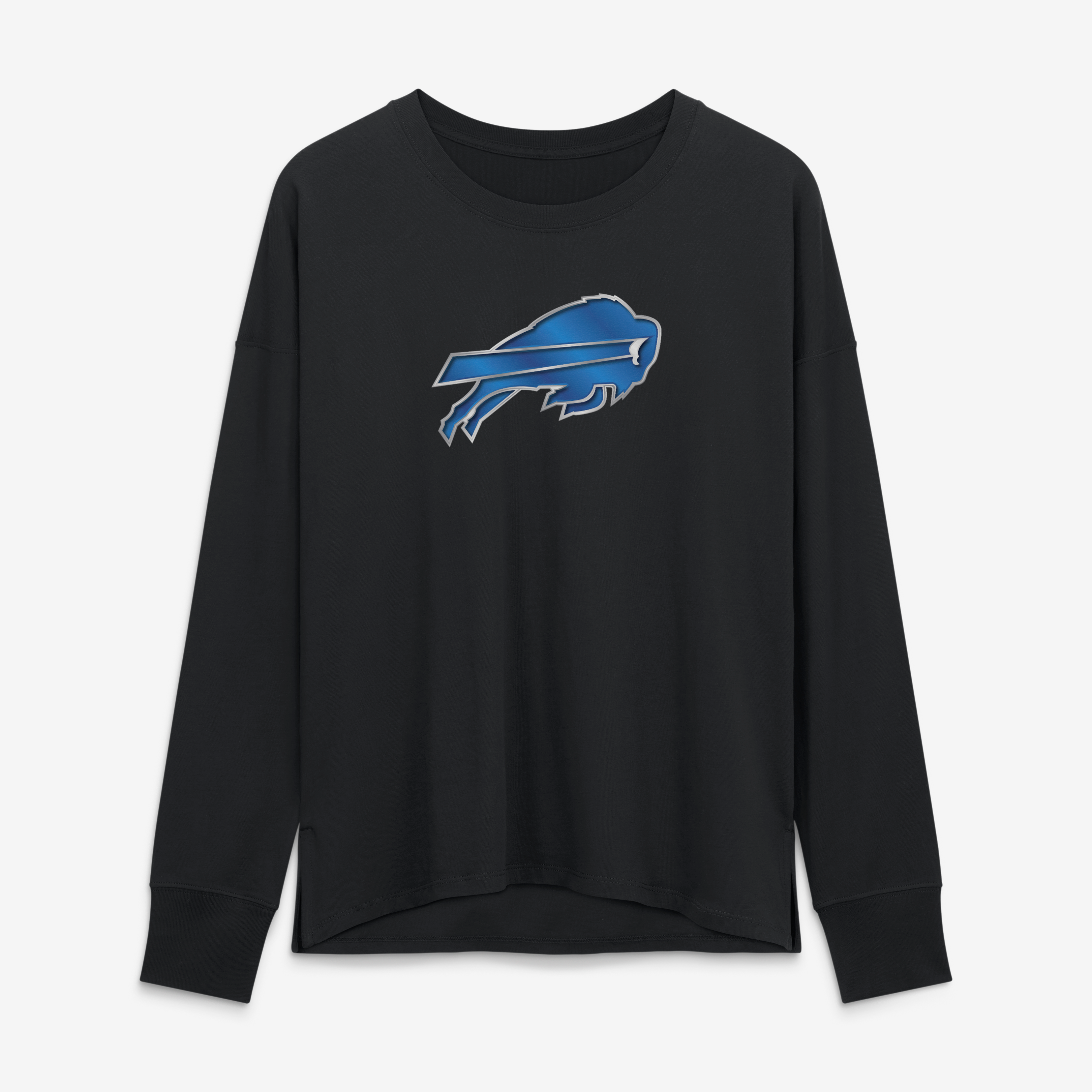 T-shirt à manches longues noir pour femmes avec mascotte métallique des Buffalo Bills