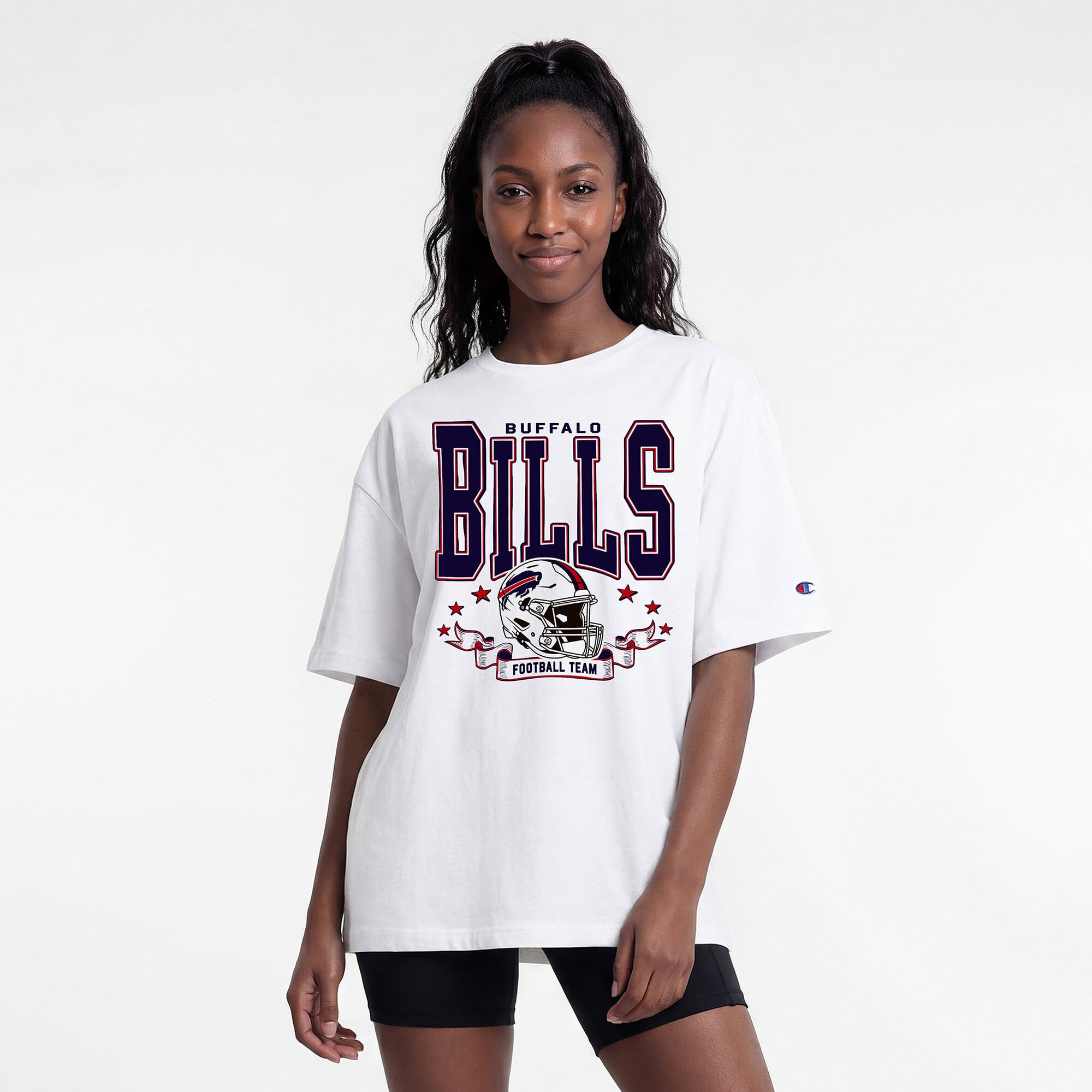 T-shirt oversize Champion blanc Buffalo Bills pour femmes