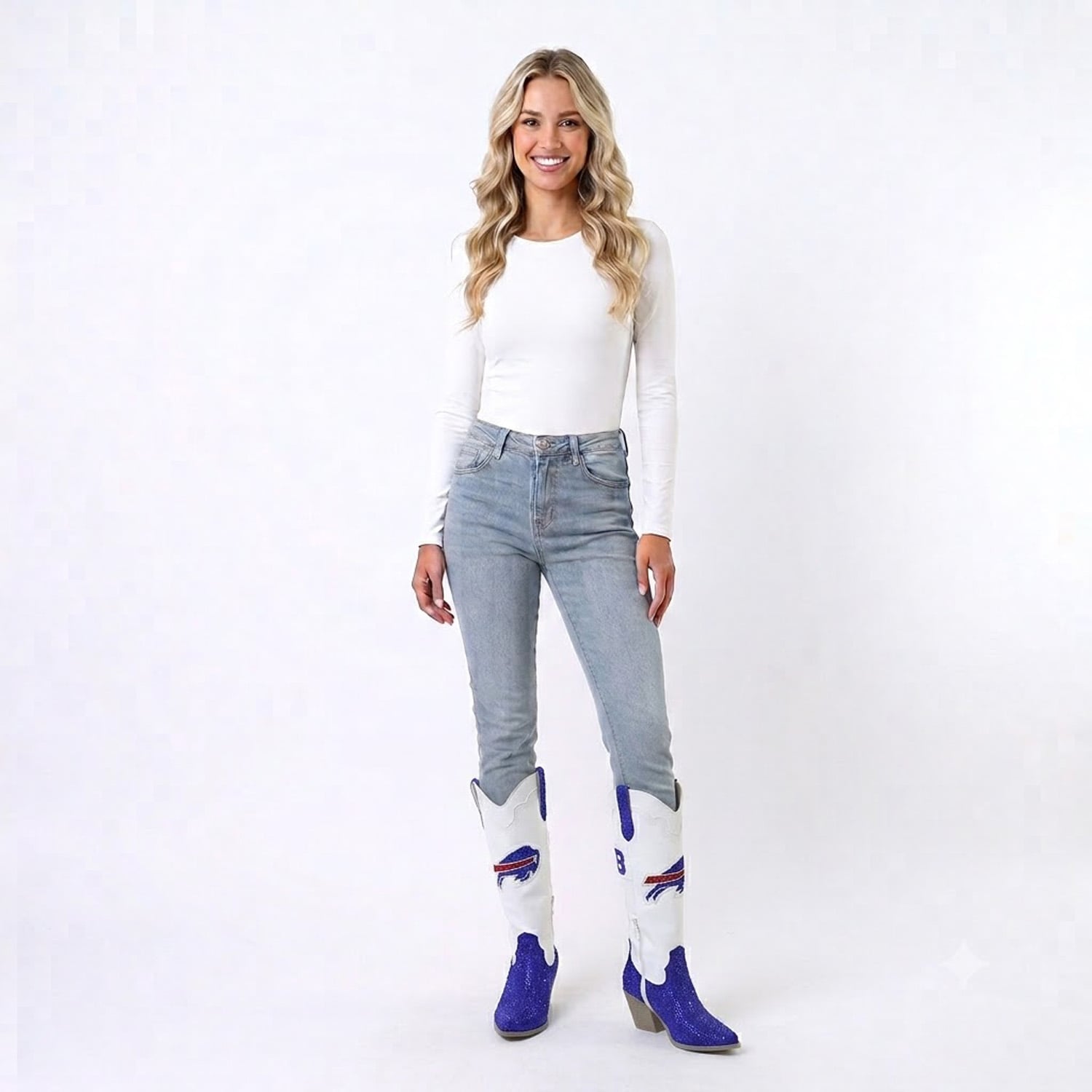 Bottes de cowboy blanches Buffalo Bills Crystal FABGATING pour femmes par Cuce