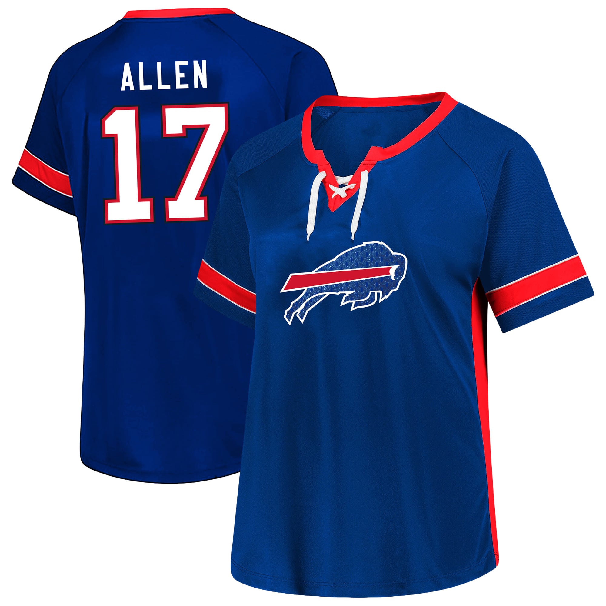 T-shirt Fanatics pour femmes Josh Allen Royal Buffalo Bills, grande taille, avec dentelle et strass, nom numéro