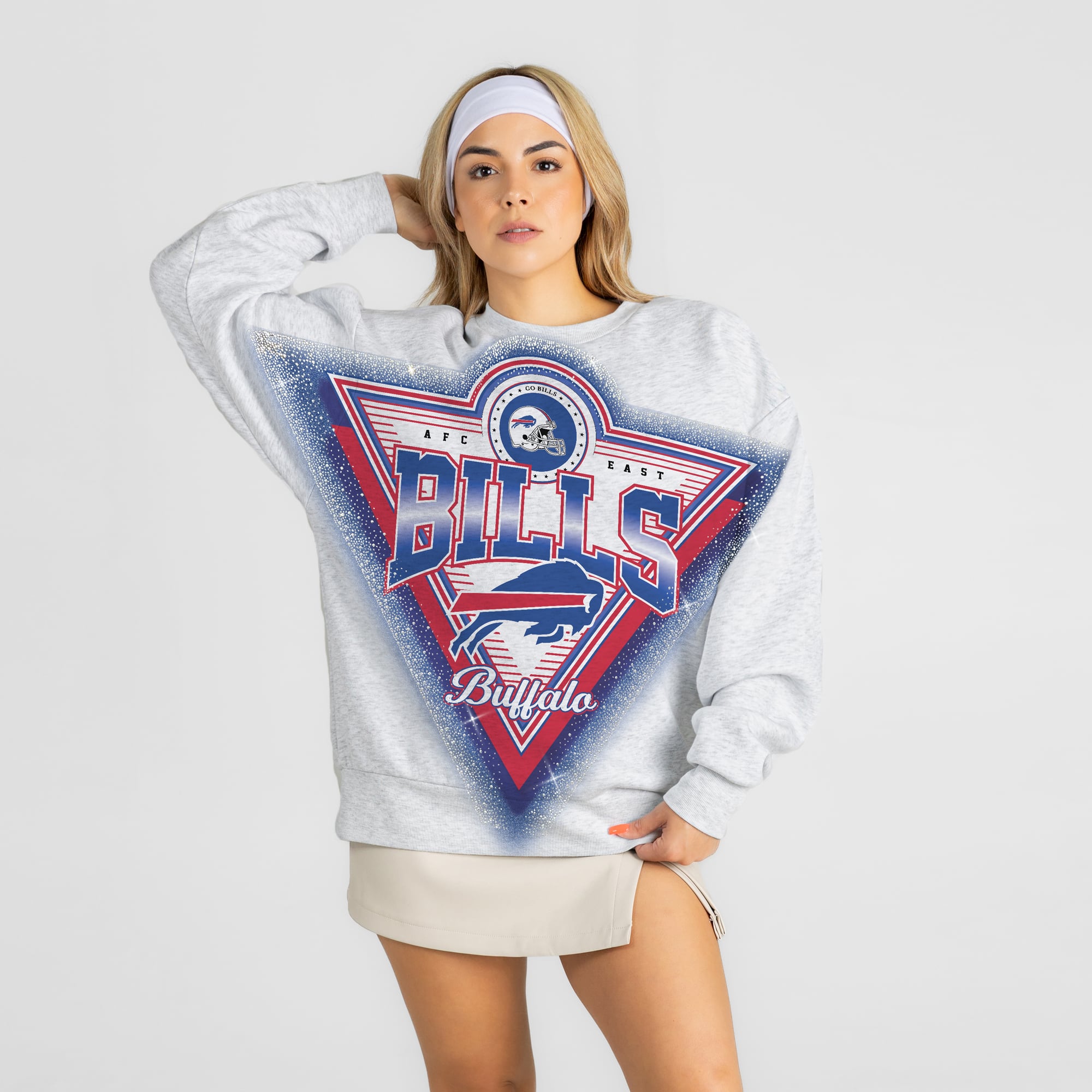 Women's Gameday Couture Ash Buffalo Bills Chasing Victory Rhinestone Spray Oversized Fleece Sweatshirt