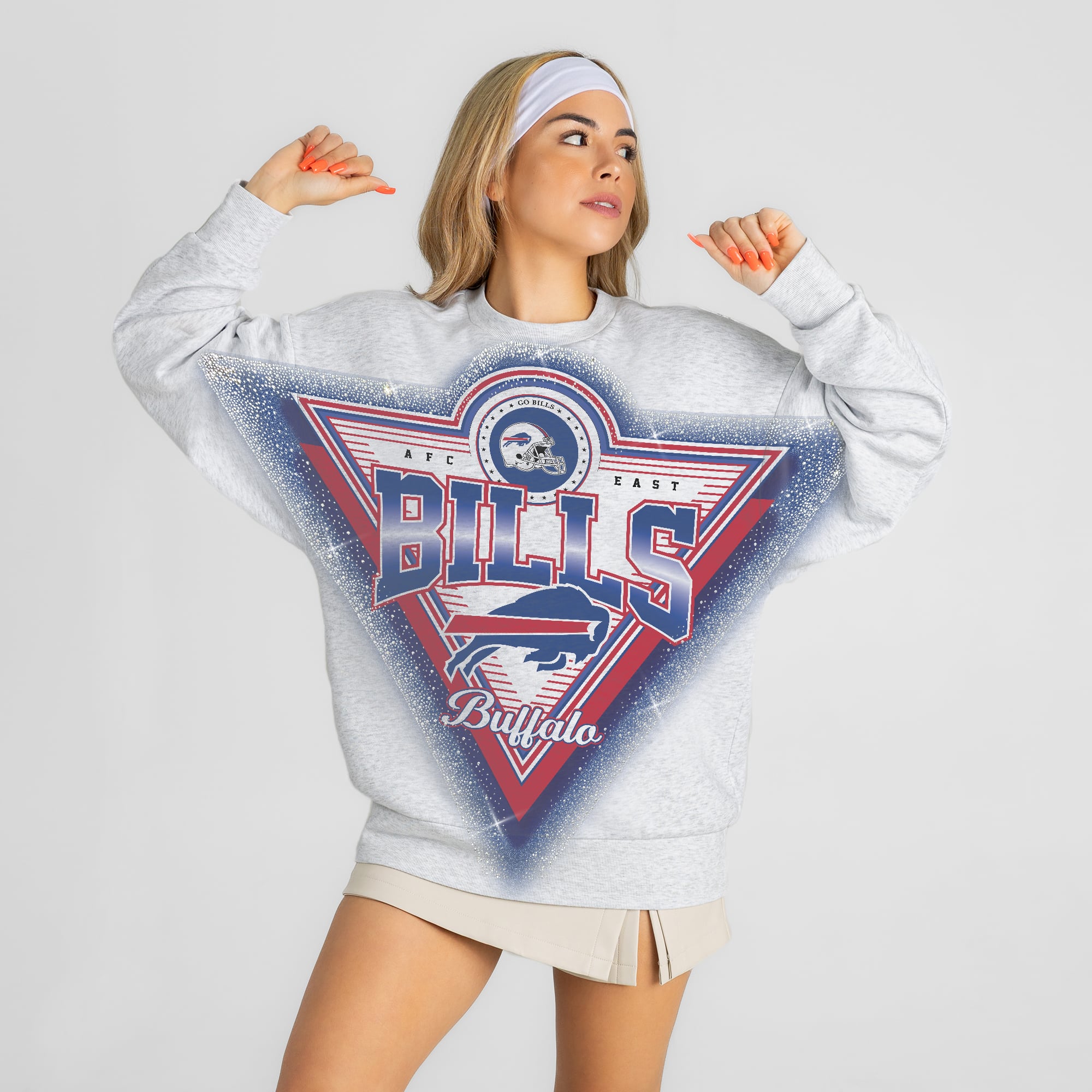 Women's Gameday Couture Ash Buffalo Bills Chasing Victory Rhinestone Spray Oversized Fleece Sweatshirt