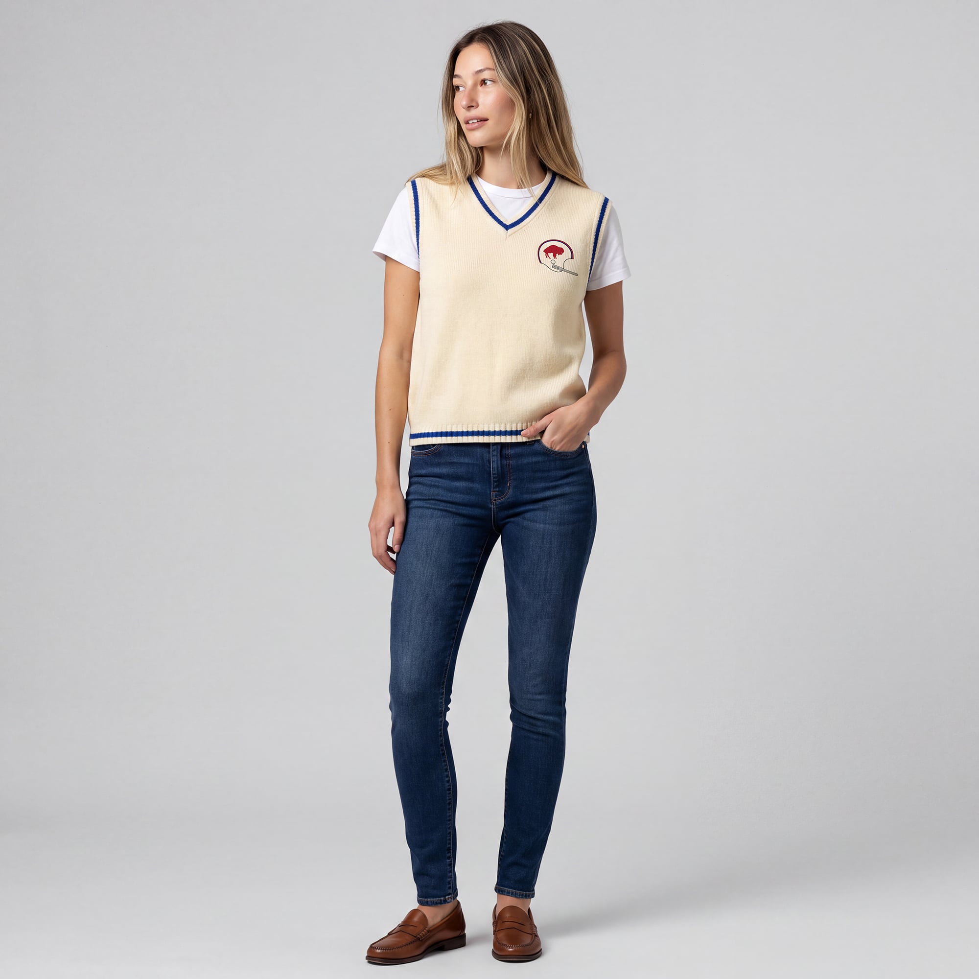 Women's Mitchell & Ness Cream Buffalo Bills Retro Roots V-Neck Sweater Vest