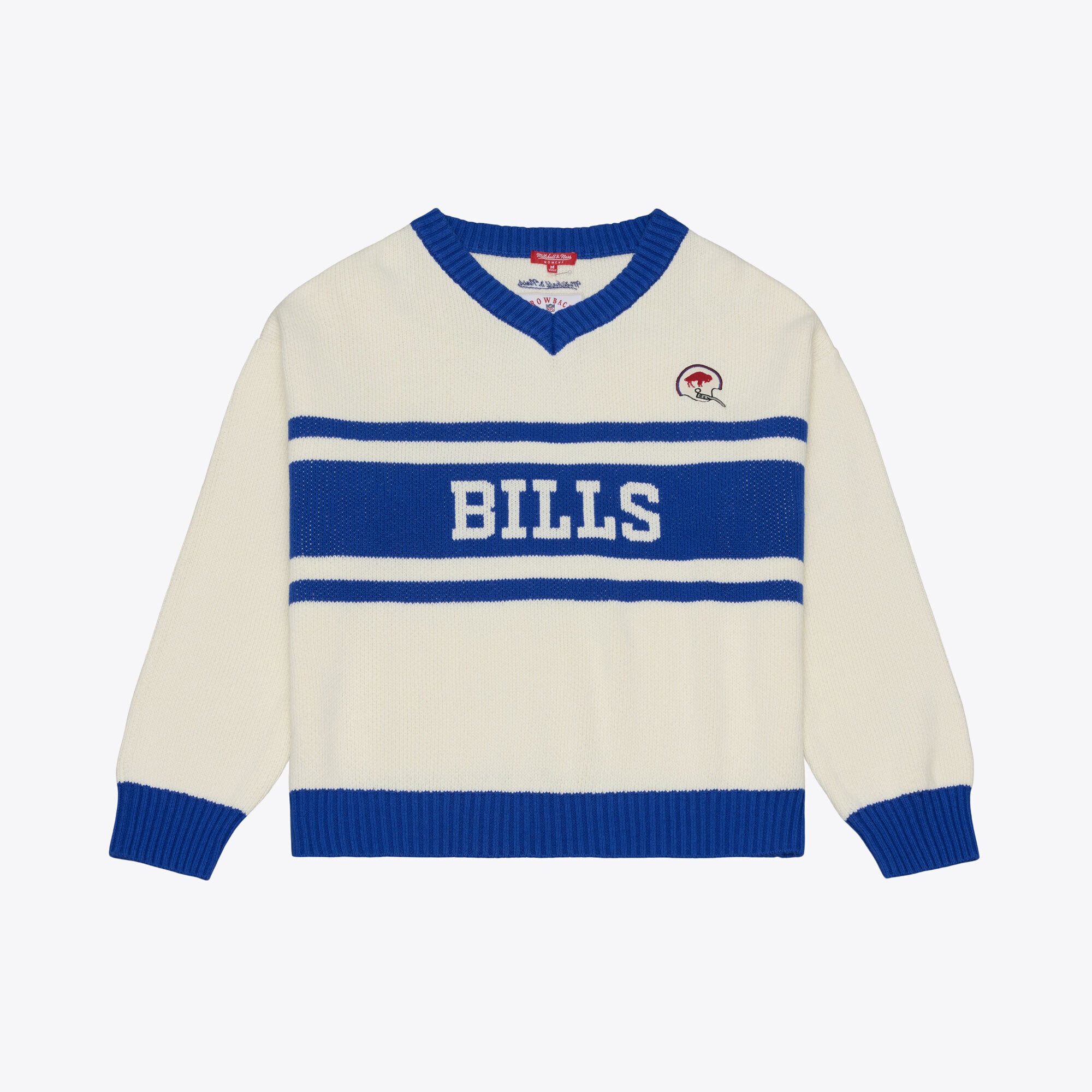 Pull Mitchell & Ness crème/bleu roi à col en V pour femme, motif Buffalo Bills Retro Roots