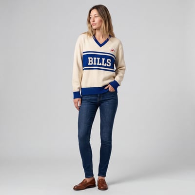 Buffalo Bills Mitchell & Ness Women's Retro Roots V-Neck Sweater - Cream/Royal