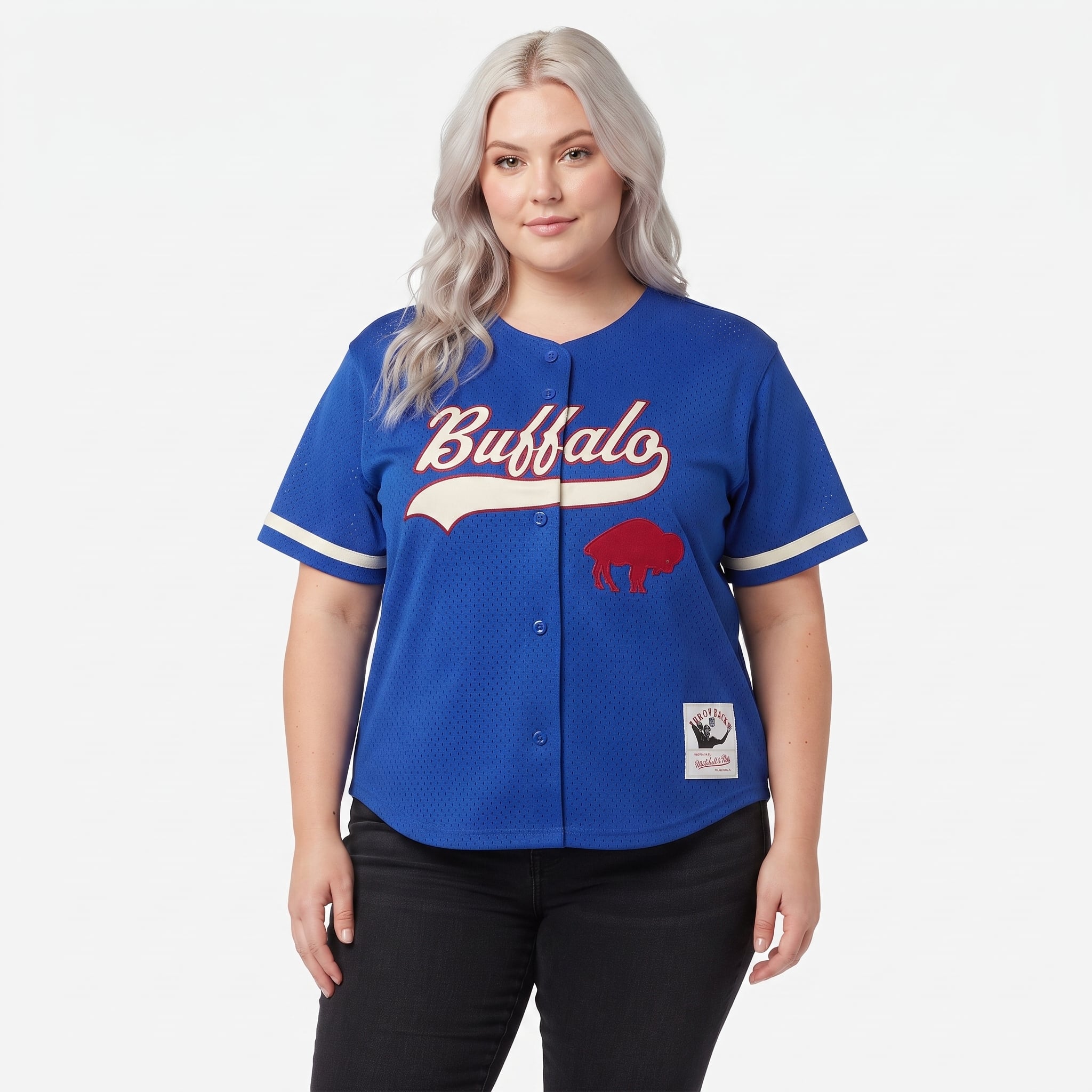 Women's Mitchell & Ness Royal Buffalo Bills Plus Retro Roots Baseball Jersey