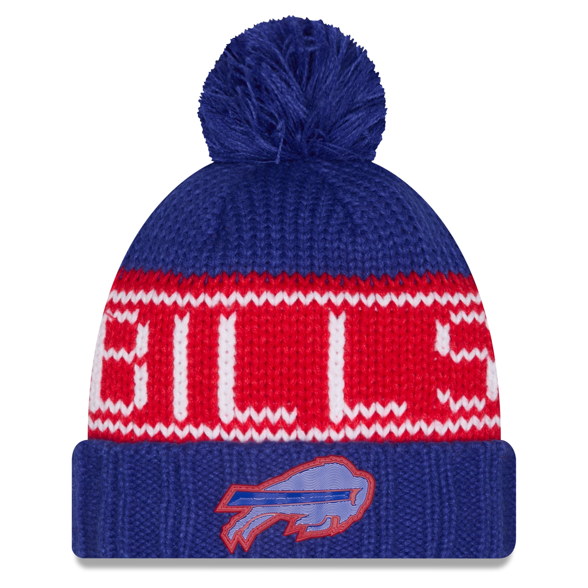 Bonnet d'hiver à revers avec pompon, modèle 2026 Sideline, pour femme, de la marque New Era Royal Buffalo Bills.