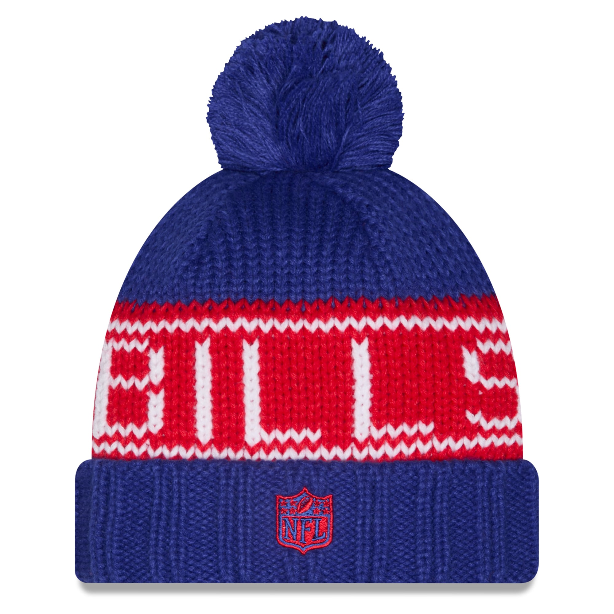 Bonnet d'hiver à revers avec pompon, modèle 2026 Sideline, pour femme, de la marque New Era Royal Buffalo Bills.