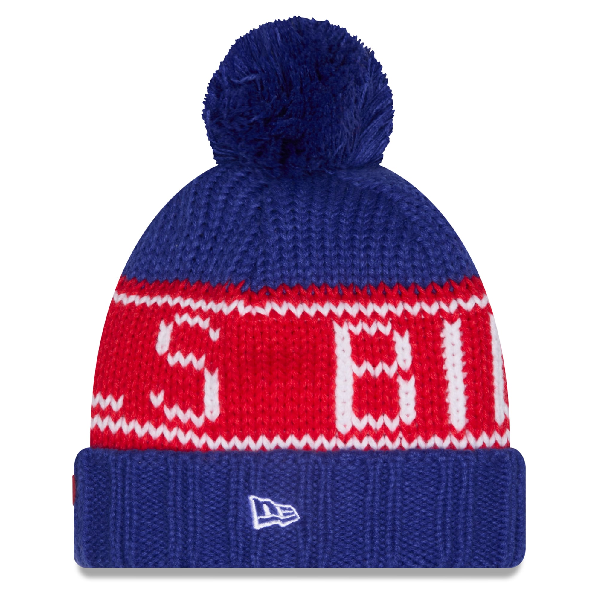 Bonnet d'hiver à revers avec pompon, modèle 2026 Sideline, pour femme, de la marque New Era Royal Buffalo Bills.
