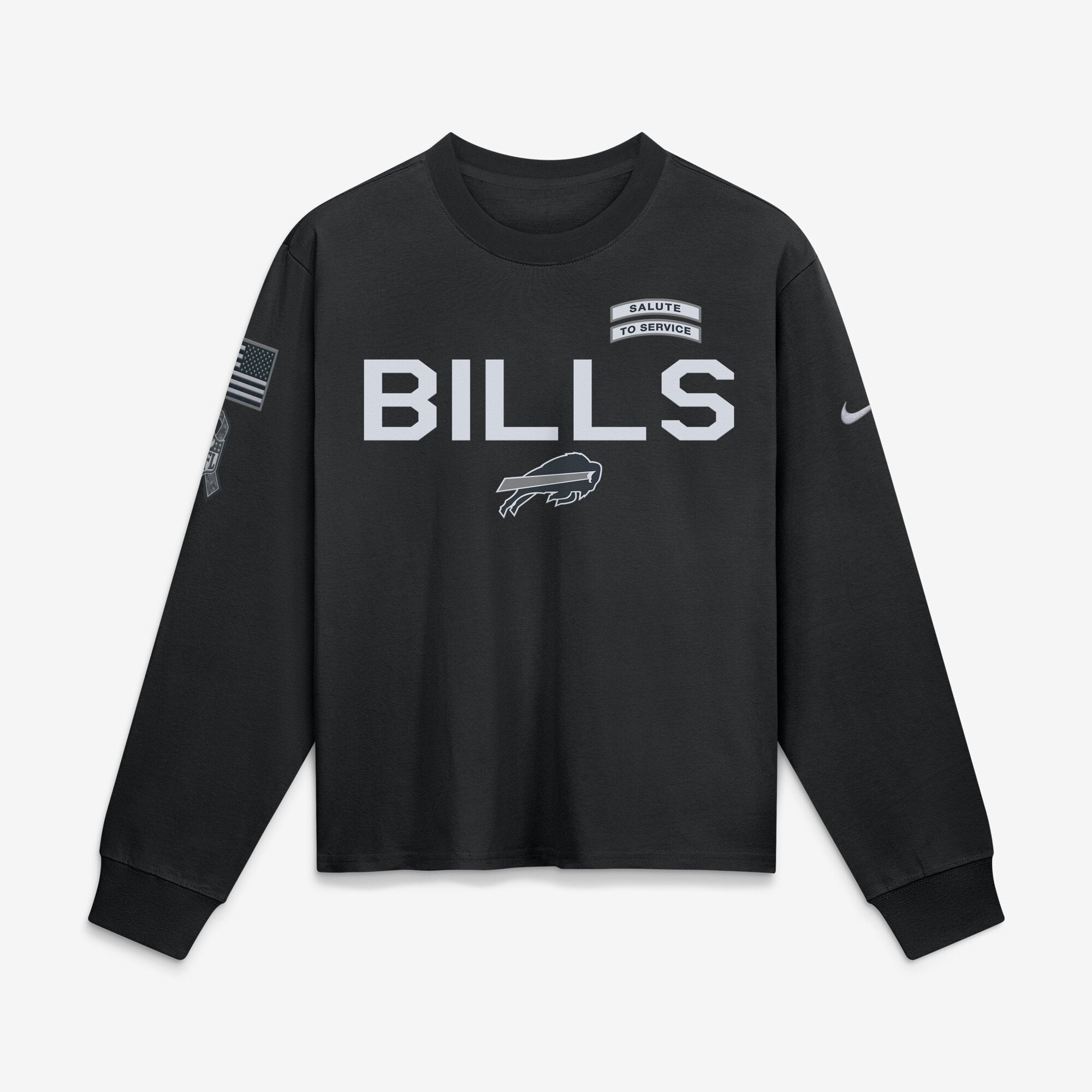T-shirt à manches longues Nike Buffalo Bills noir pour femme, édition spéciale 2026 « Salute to Service ».