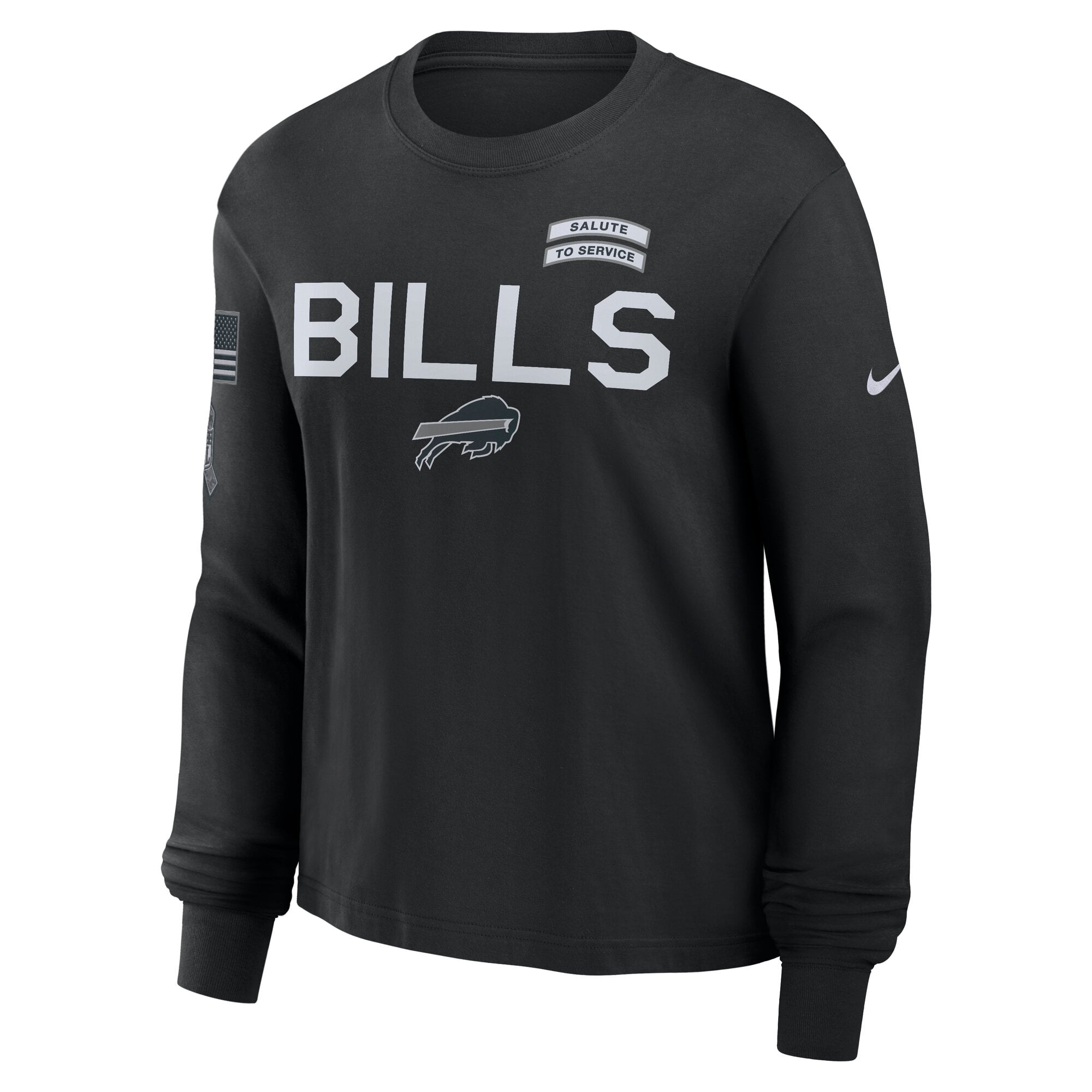 T-shirt à manches longues Nike Buffalo Bills noir pour femme, édition spéciale 2026 « Salute to Service ».