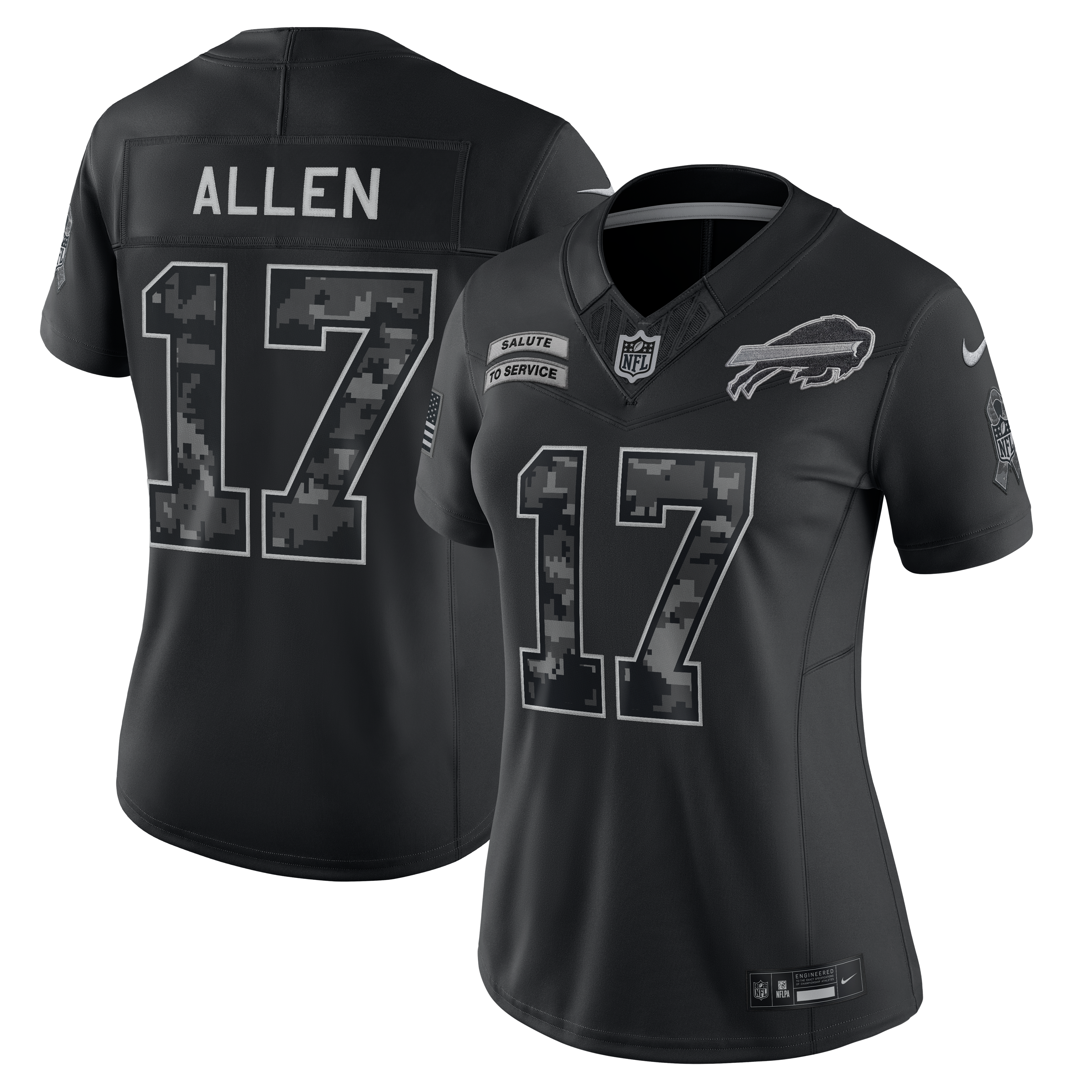 Maillot Nike Josh Allen noir Buffalo Bills 2026 Salute to Service pour femme, édition limitée cousue