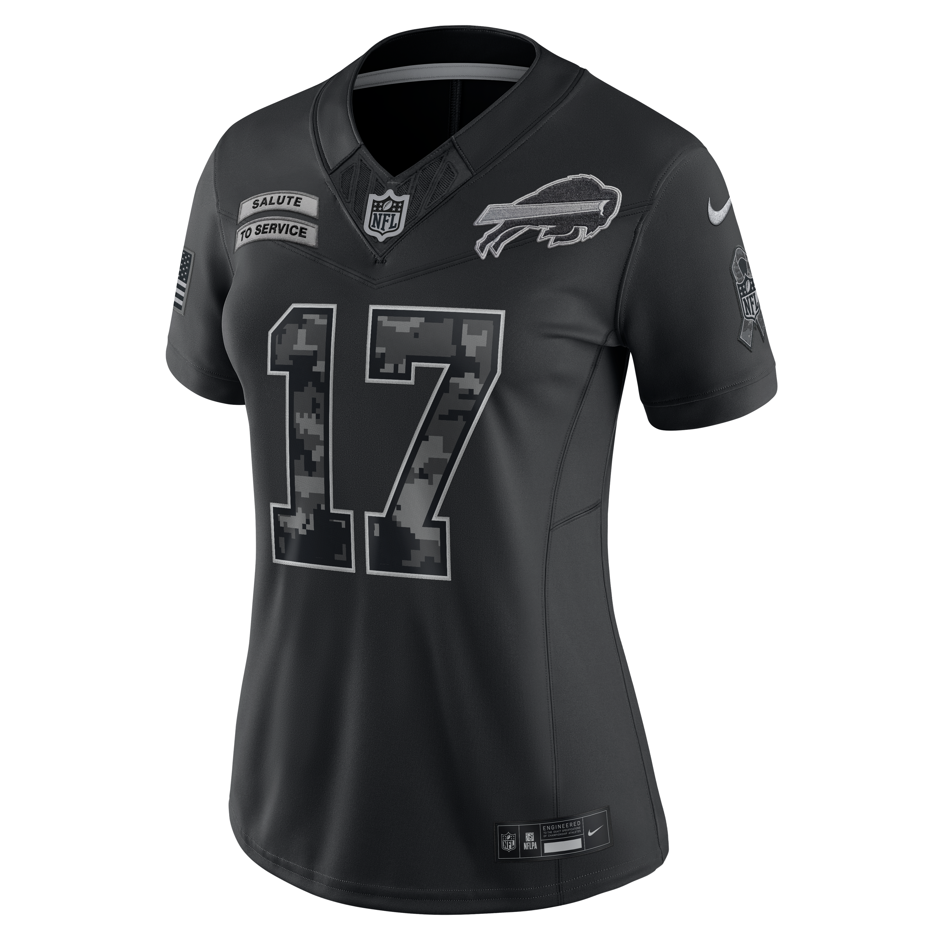 Maillot Nike Josh Allen noir Buffalo Bills 2026 Salute to Service pour femme, édition limitée cousue