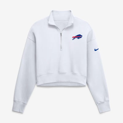 Sweat-shirt court à col zippé et oversize en polaire Phoenix pour femme, modèle Buffalo Bills de Nike - Blanc