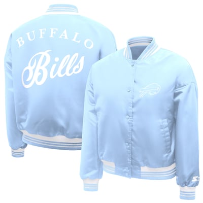  Buffalo Bills Starter Women's Fashion Script Satin Varsity Jacket - Light Blue