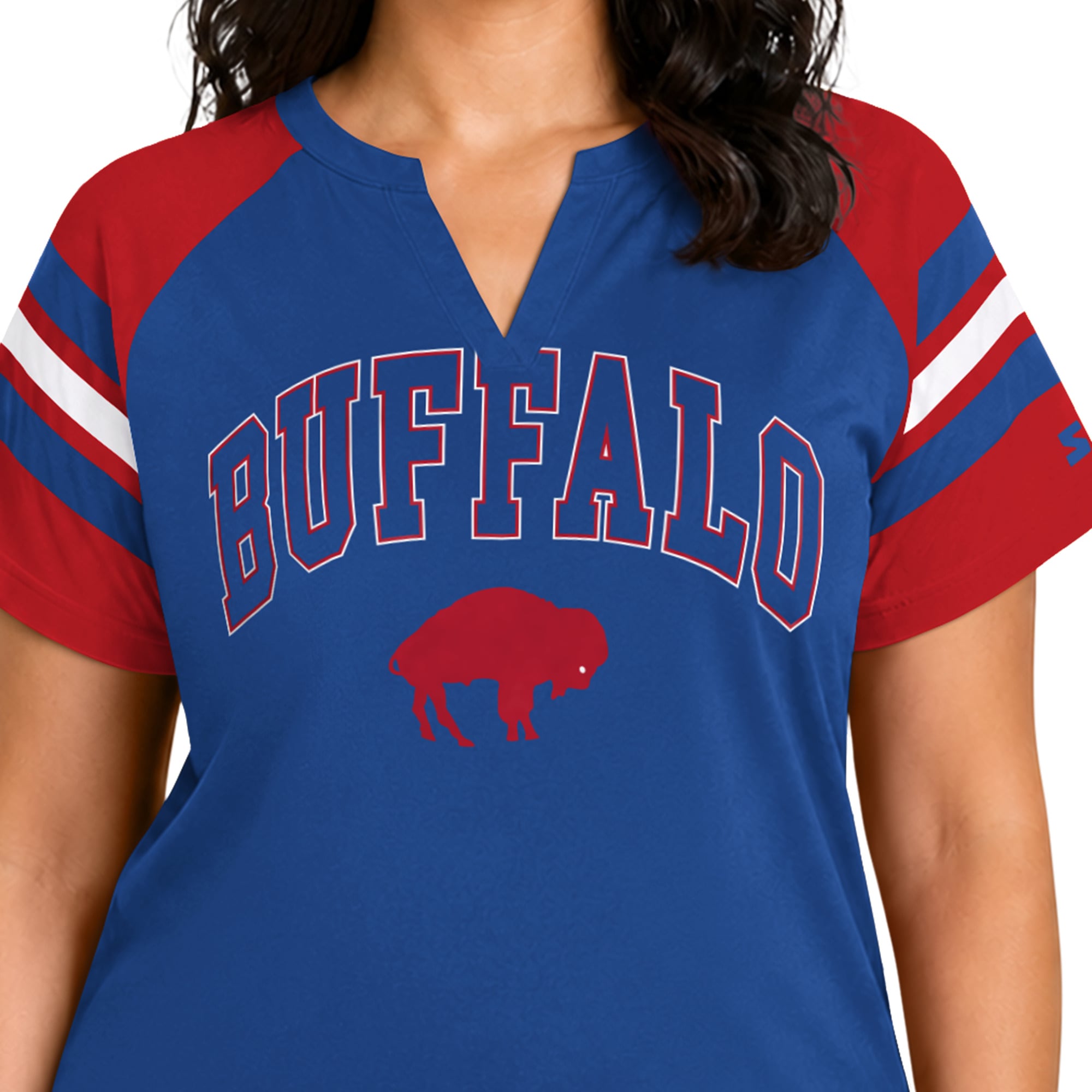 T-shirt raglan à col cranté Starter Royal Buffalo Bills pour femme, grande taille, style rétro.