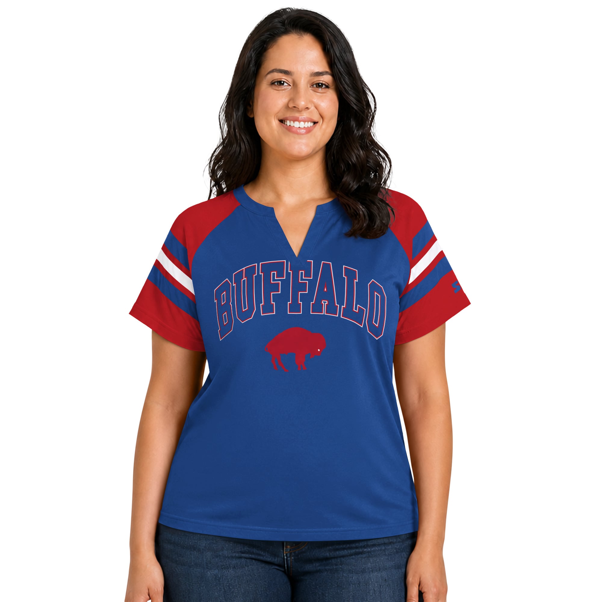 T-shirt raglan à col cranté Starter Royal Buffalo Bills pour femme, grande taille, style rétro.