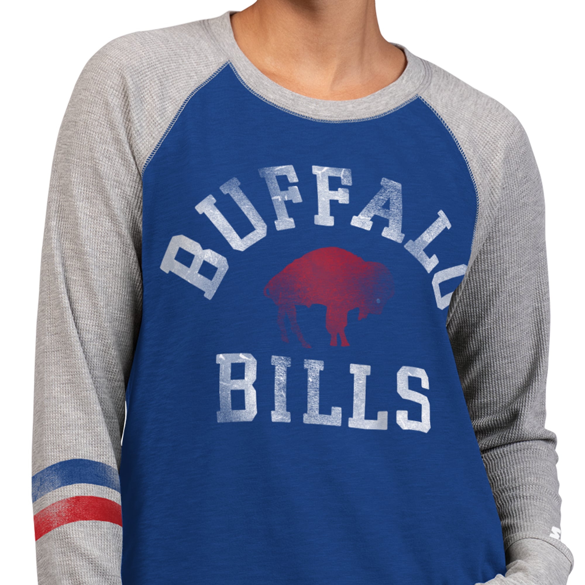 T-shirt à manches longues raglan en maille gaufrée Starter Royal/Gris Buffalo Bills pour femmes