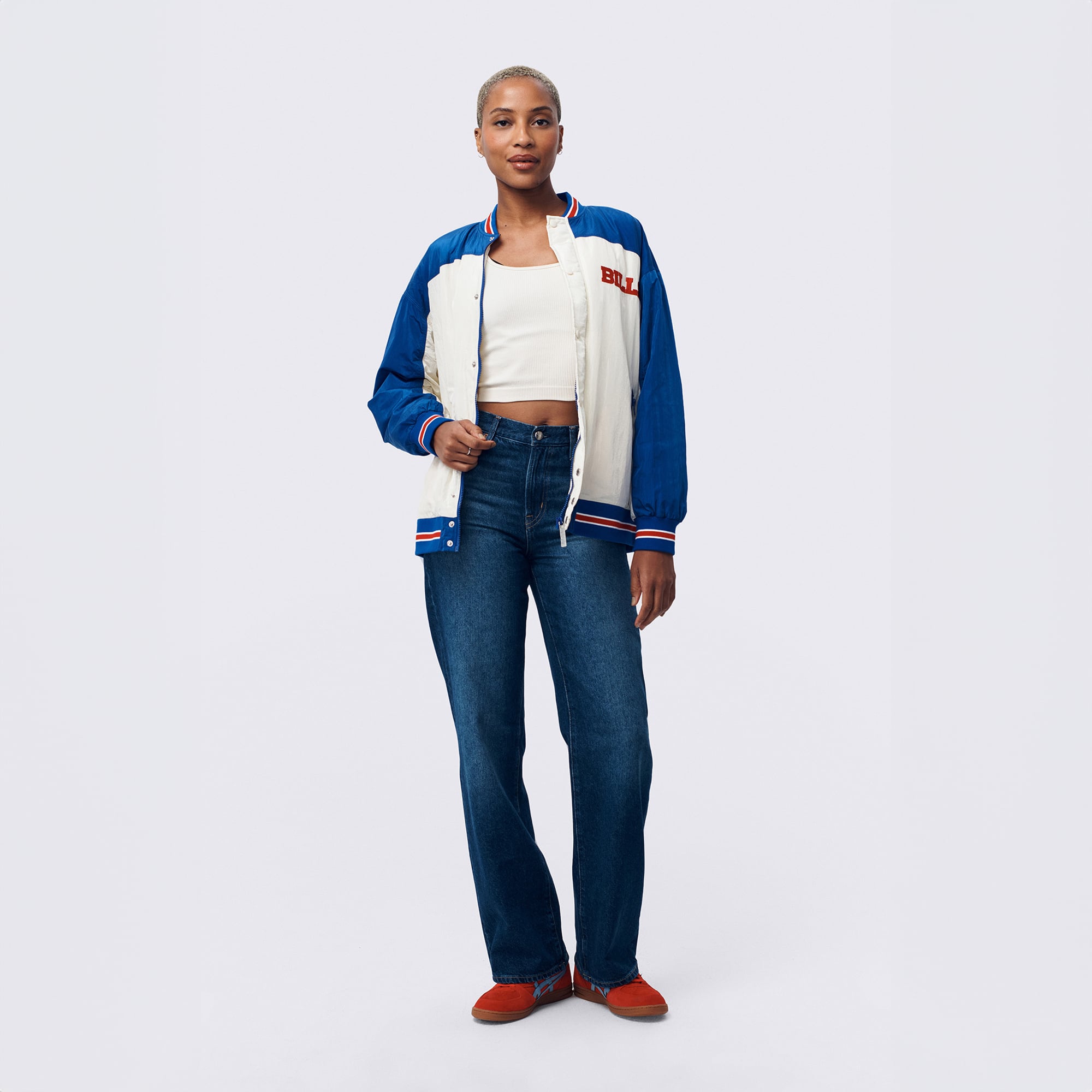 Veste bomber zippée Terez blanche Buffalo Bills à double empiècement pour femme