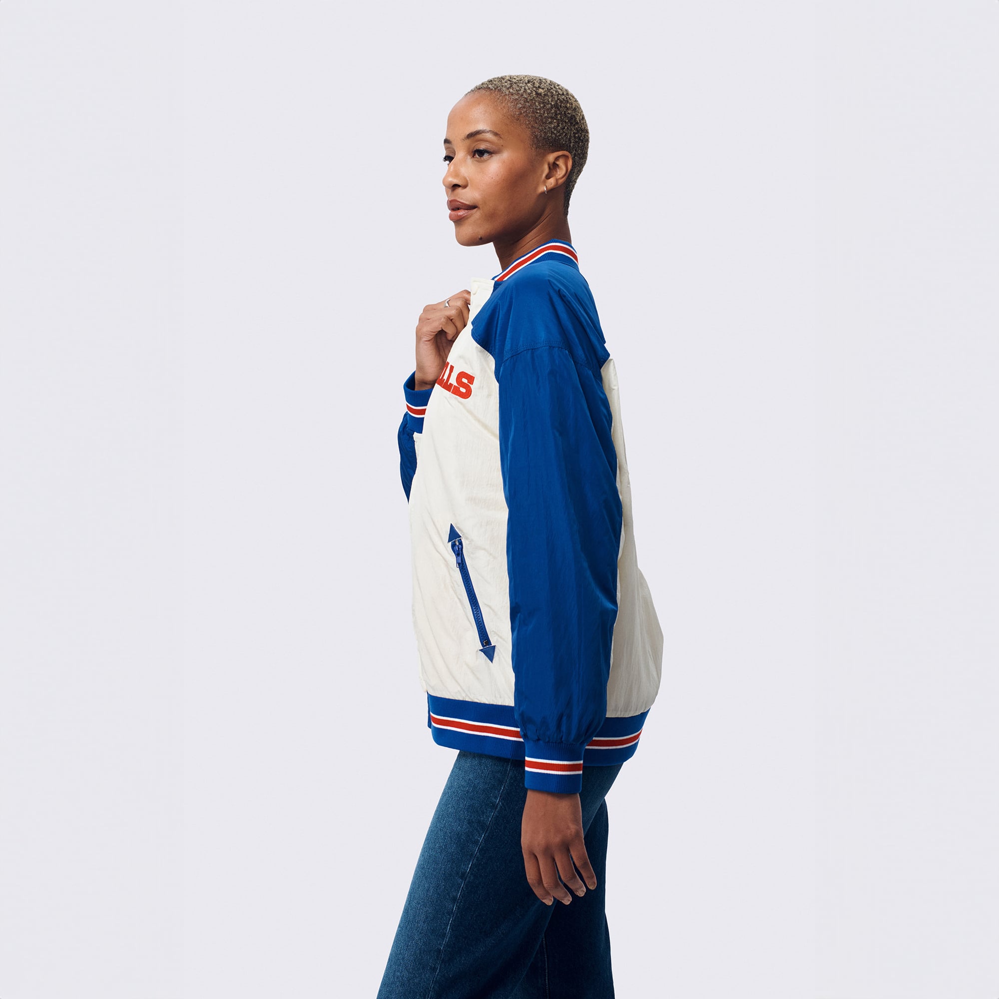 Veste bomber zippée Terez blanche Buffalo Bills à double empiècement pour femme