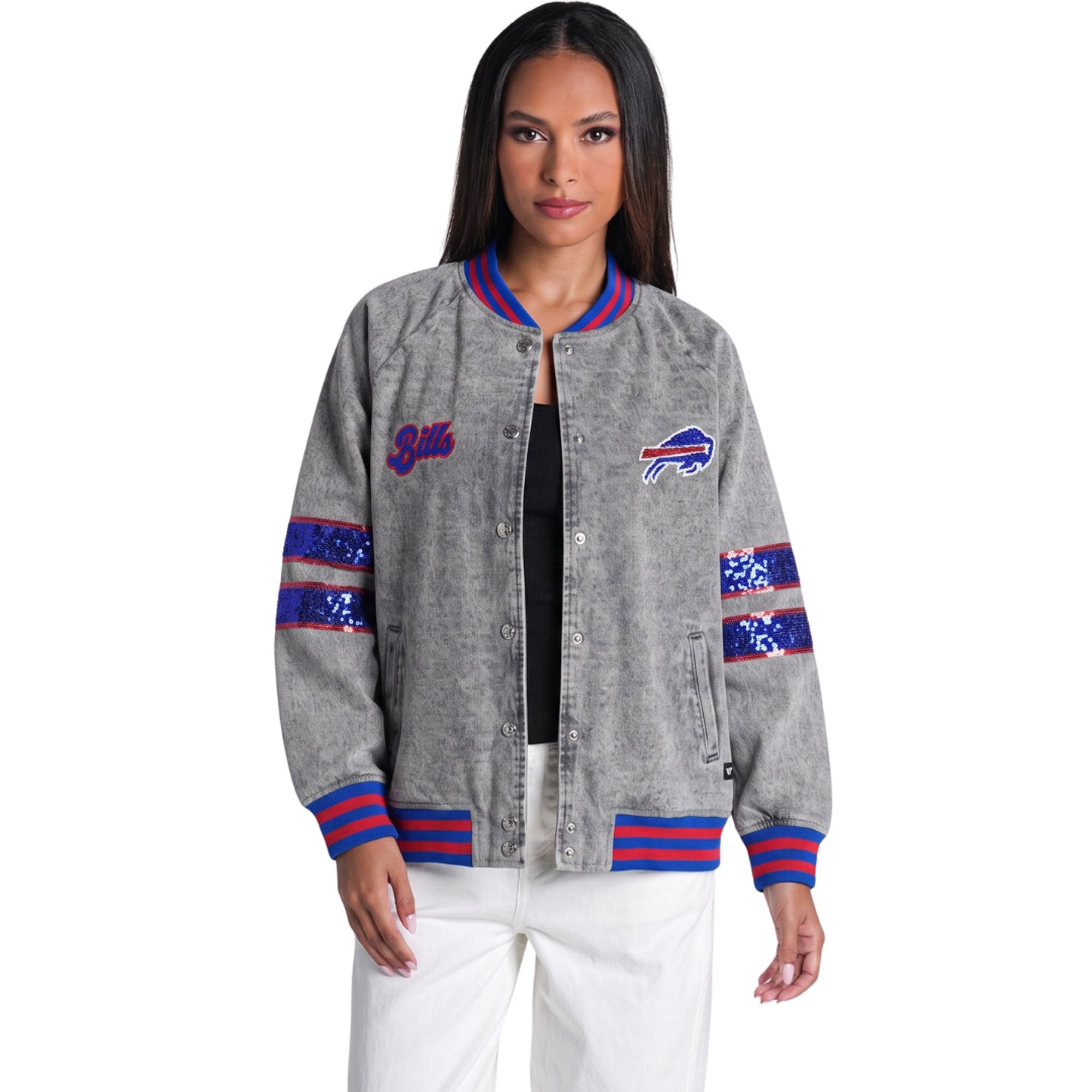 Veste bomber en denim à sequins gris chiné Buffalo Bills pour femme de The Wild Collective