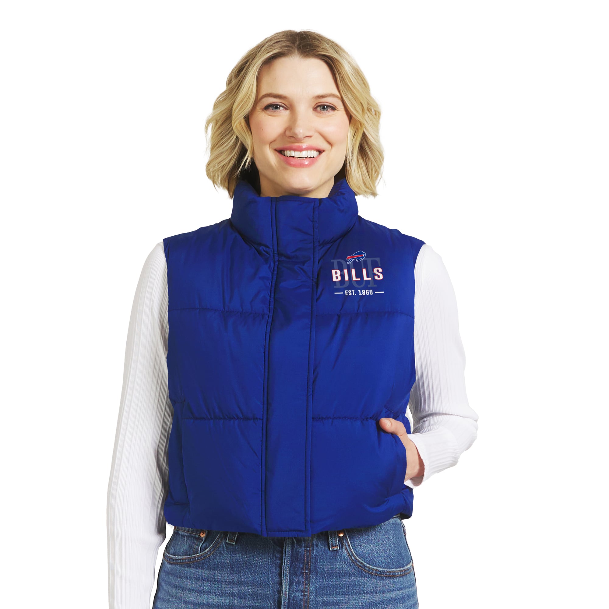 Gilet sans manches court zippé Royal Buffalo Bills de la collection femme WEAR by Erin Andrews