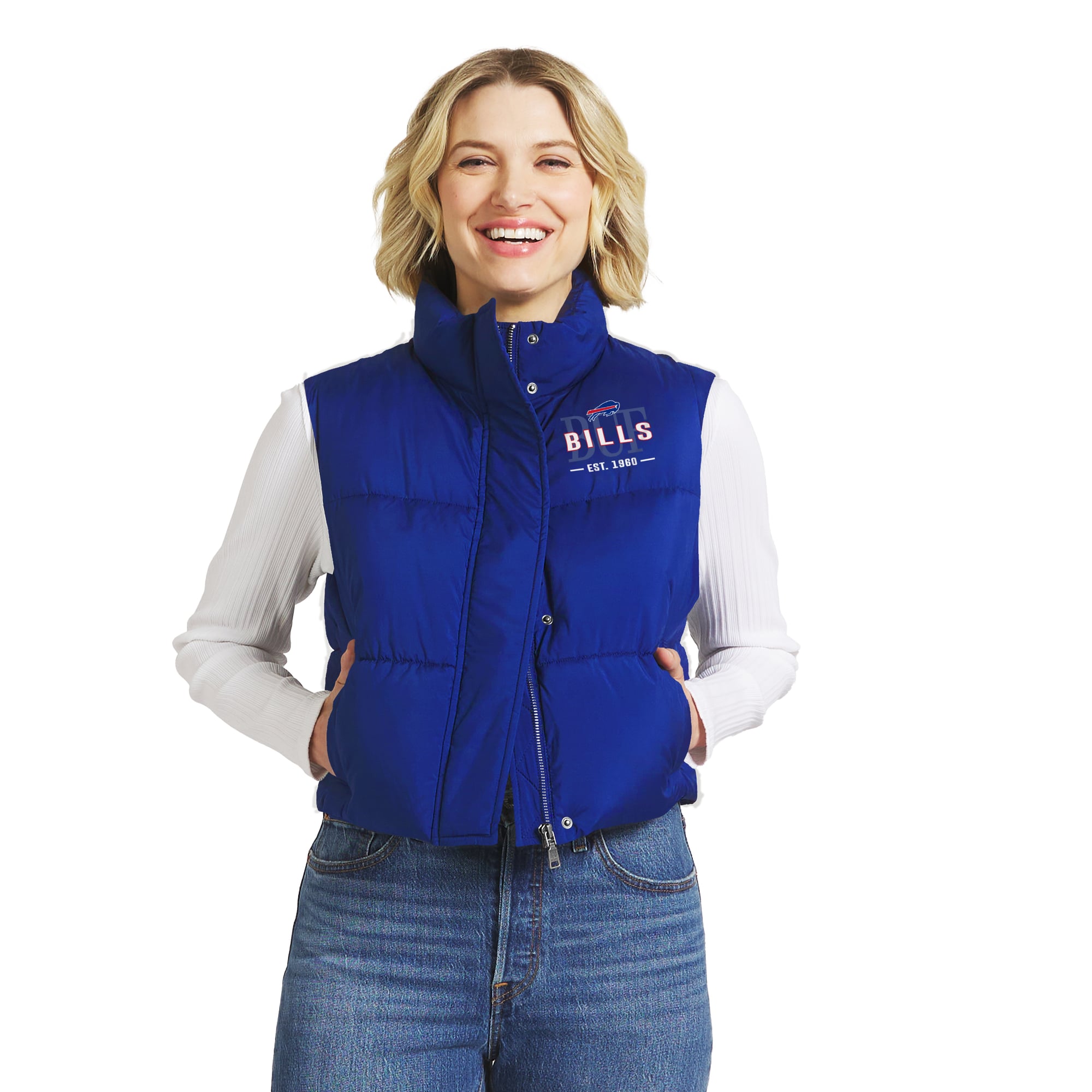 Gilet sans manches court zippé Royal Buffalo Bills de la collection femme WEAR by Erin Andrews